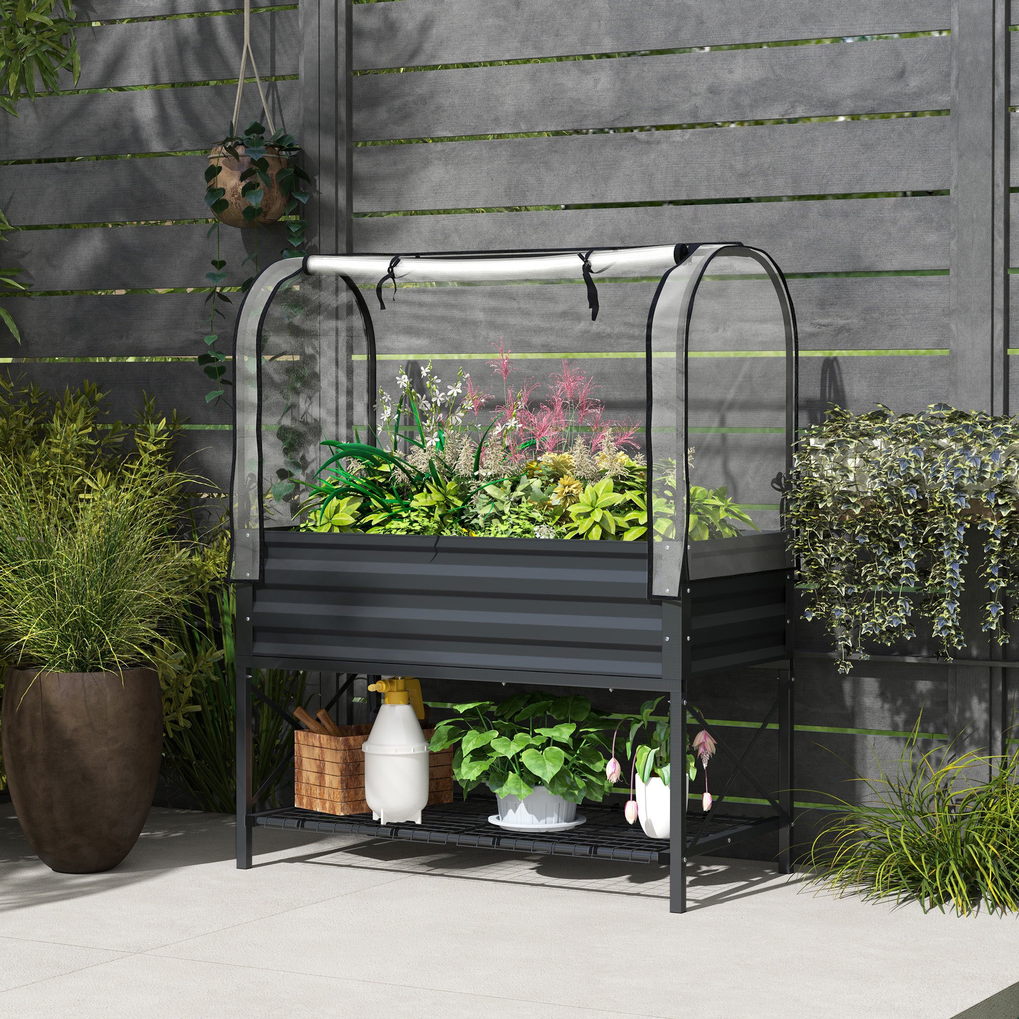 Raised Garden Bed with Cover, Metal Elevated Planter Box with Bottom Shelf and Liner, Dark Grey
