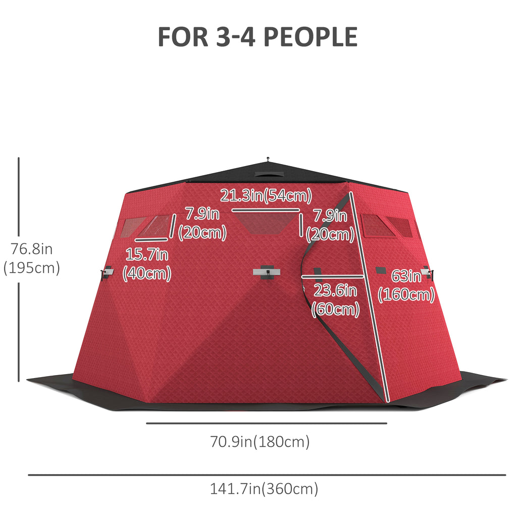 4 Person Insulated Ice Fishing Shelter, Pop-Up Portable Ice Fishing Tent with Carry Bag and Two Doors for -22â„‰, Red