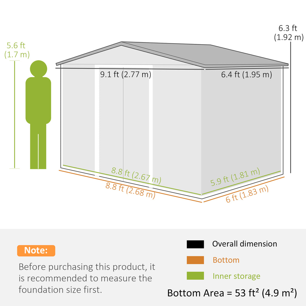 9.1'x6.4'x6.3' Garden Storage Shed w/ Foundation Kit Metal Tool Storage House w/ Double Doors Light Green