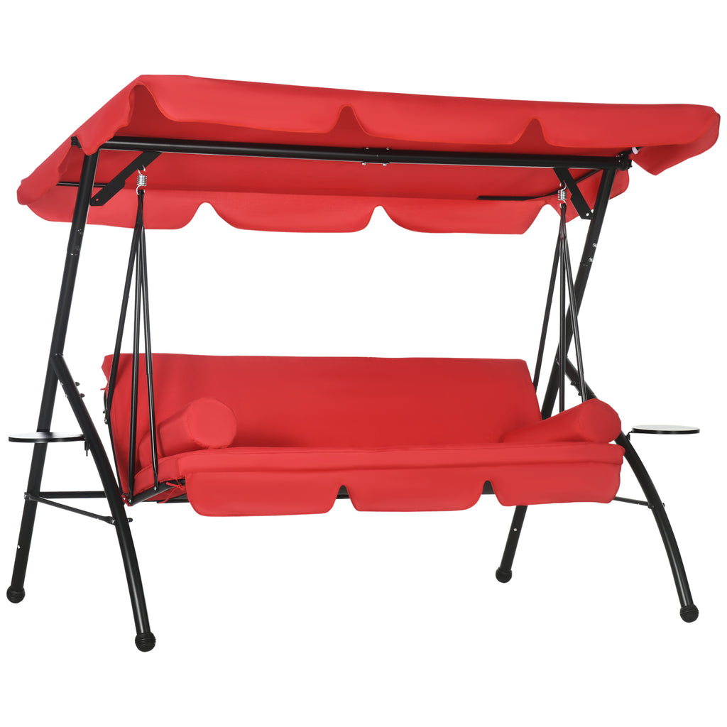 3-Seat Outdoor Patio Swing Chair, 2-in-1 Convertible Flat Bed, Canopy Swing Glider w/ Adjustable Shade, Removable Cushion and Pillows for Porch, Garden, Poolside