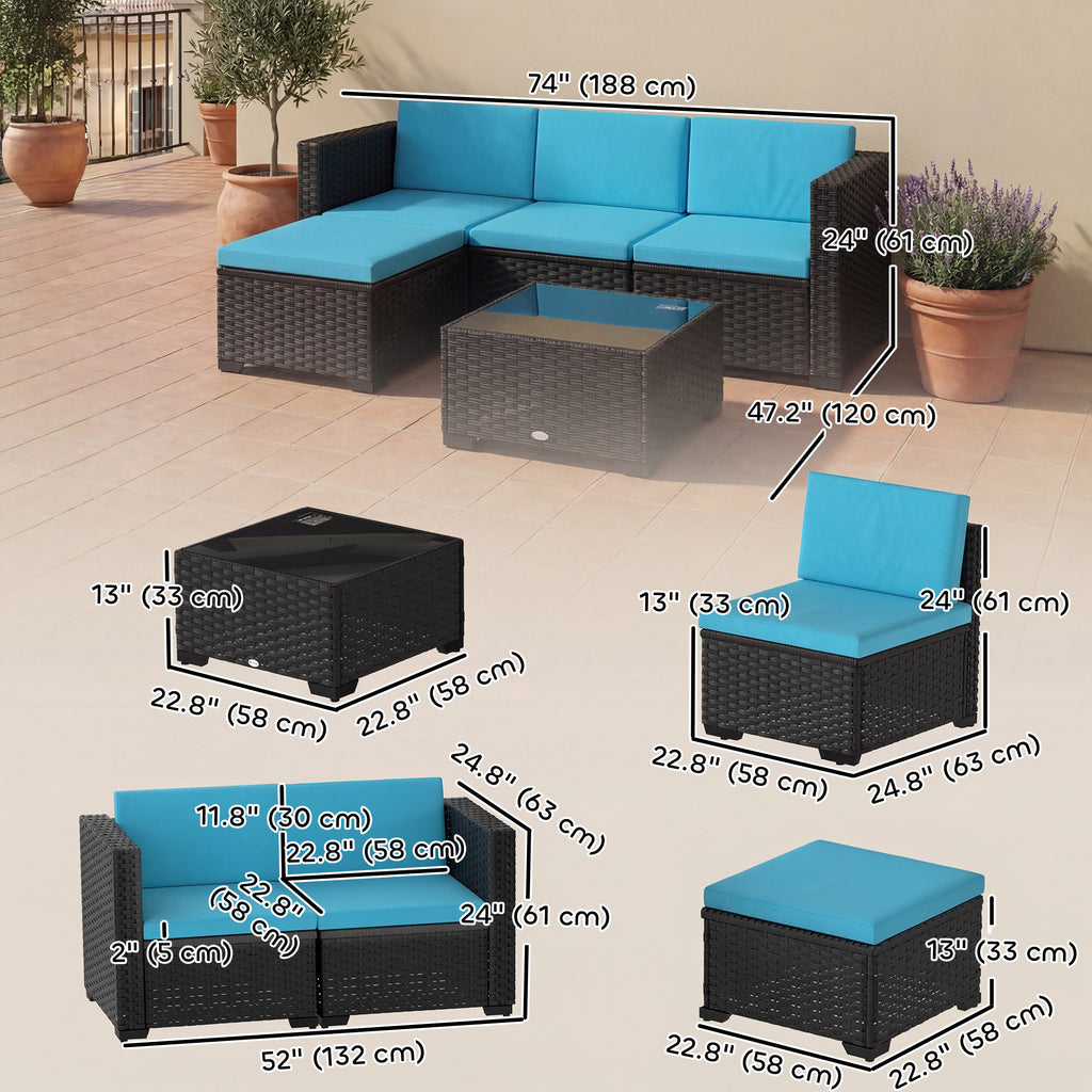 5 Piece Patio Furniture Set, L-Shape Wicker Outdoor Sectional with 3 Chairs, Ottoman, Glass Table, Cushions, Turquoise