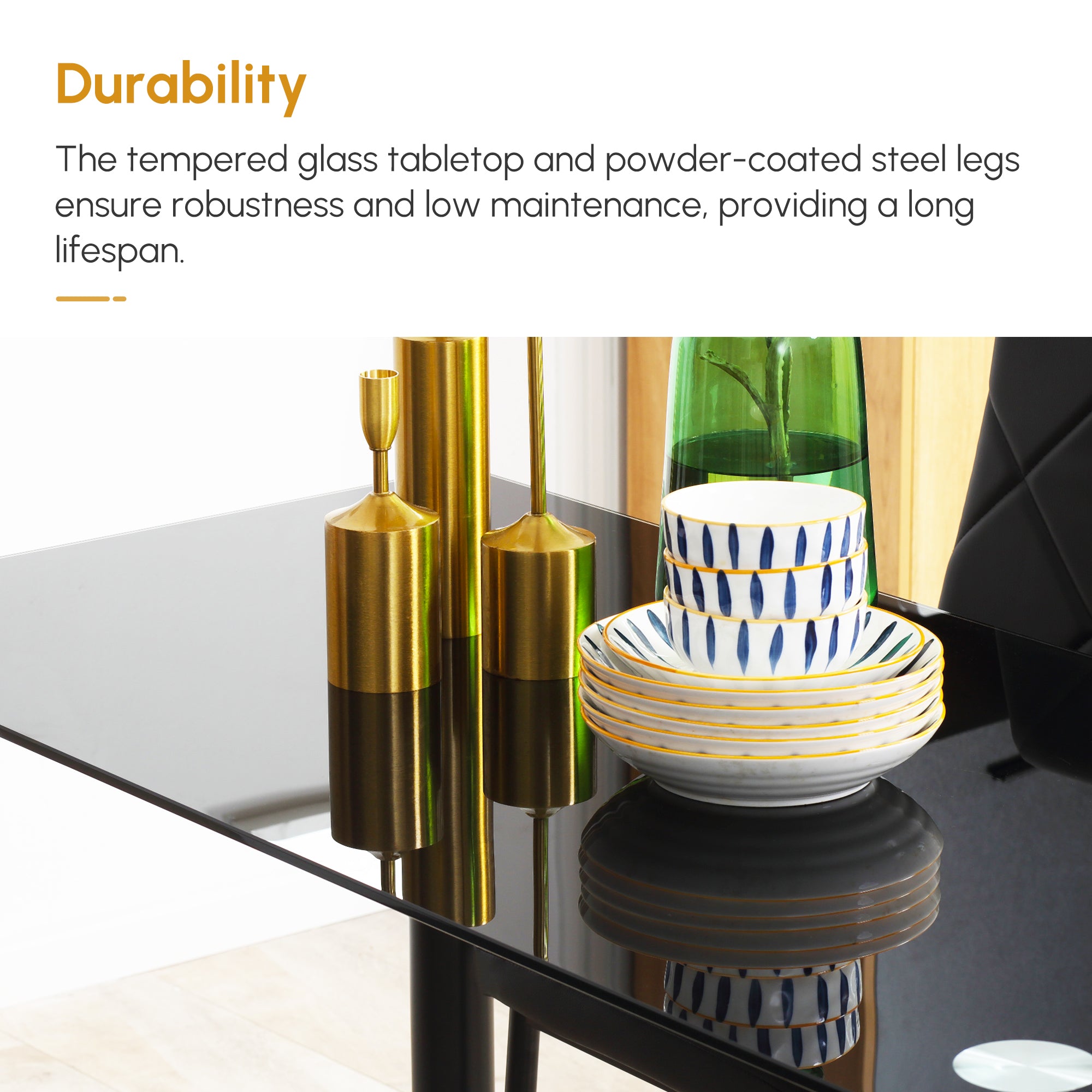 Dining Table and Chairs Set for 4, Modern 5 Pieces Kitchen Table Set with Glass Table, Padded Seat and Steel Frame