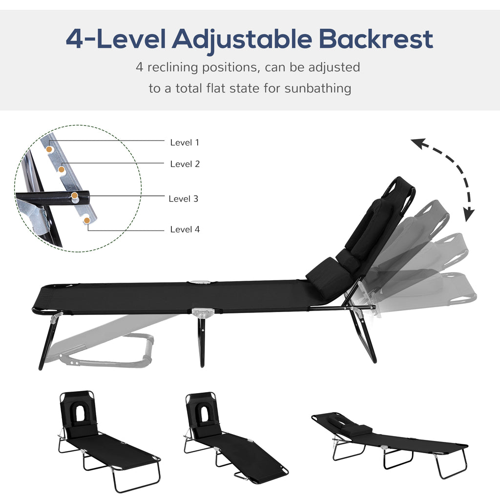 Folding Outdoor Lounge Chair, Portable Reclining Beach Lounger with Face Hole, Detachable Pillow, 4-Position Adjustable Backrest, For Patio, Garden, Poolside, Black