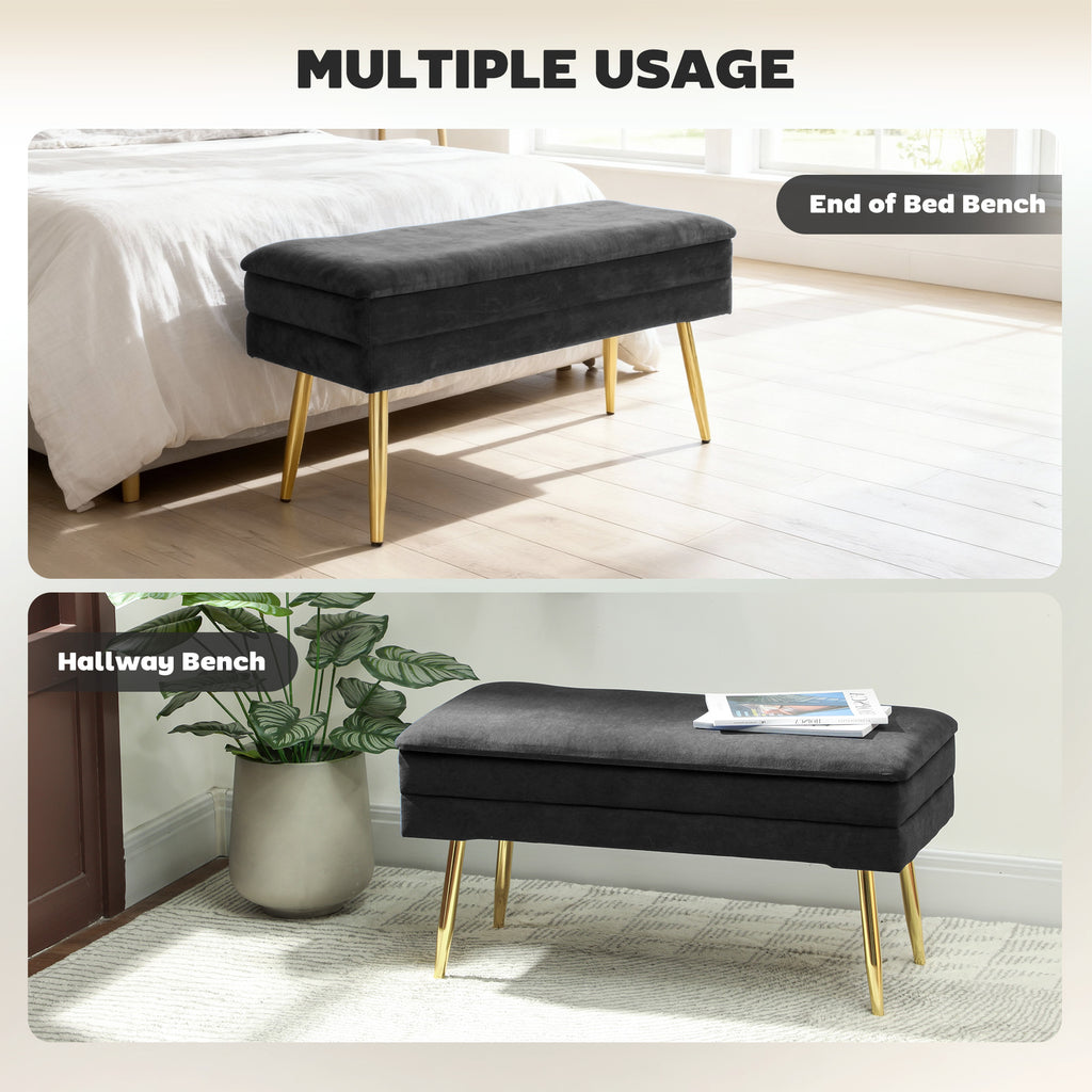 31" Storage Ottoman, Velvet End of Bed Bench with Steel Legs, Foot Stool with Storage for Bedroom, Living Room, Black