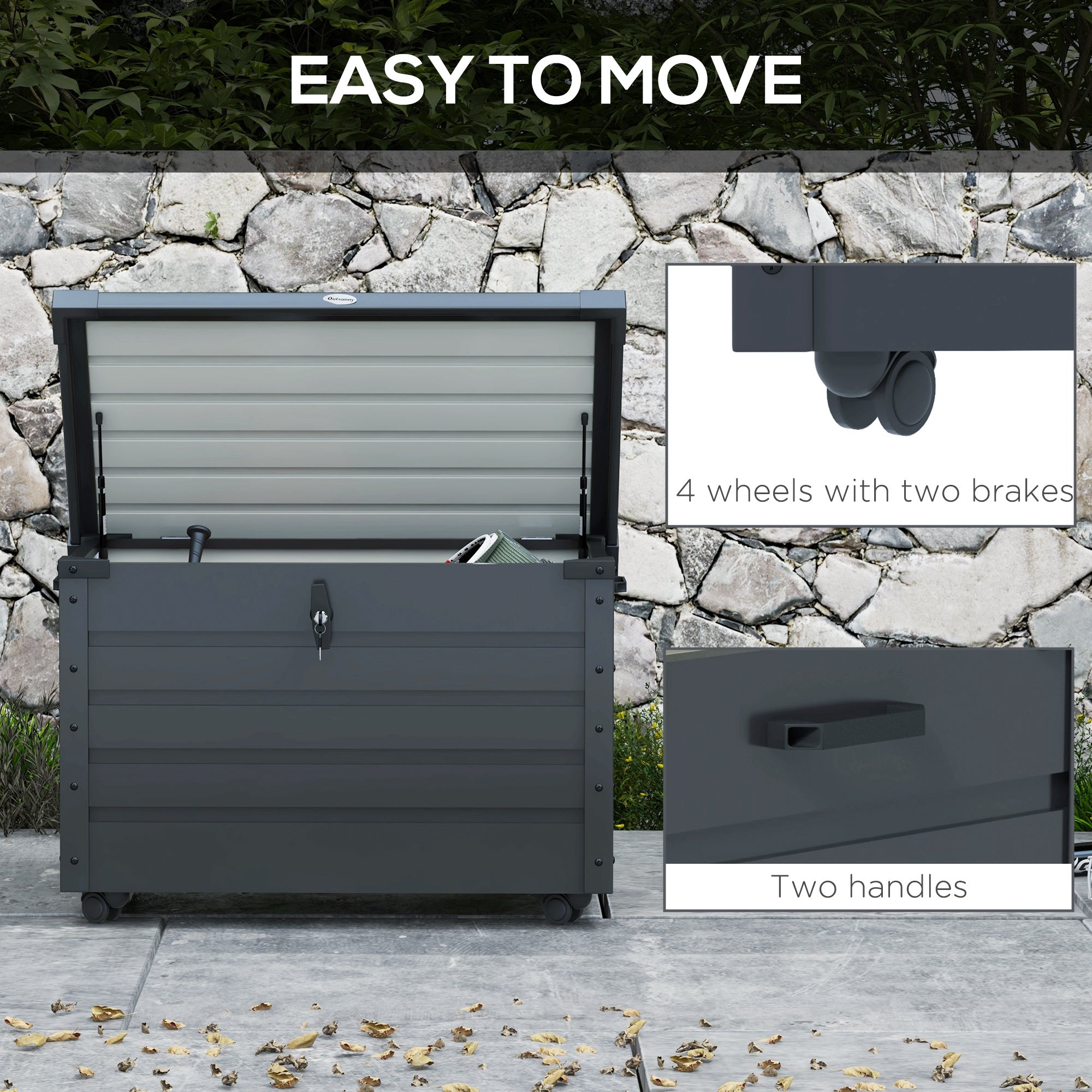 78 Gallon Garden Storage Box, Waterproof Outdoor Storage Container with Wheels and Handles, Dark Grey