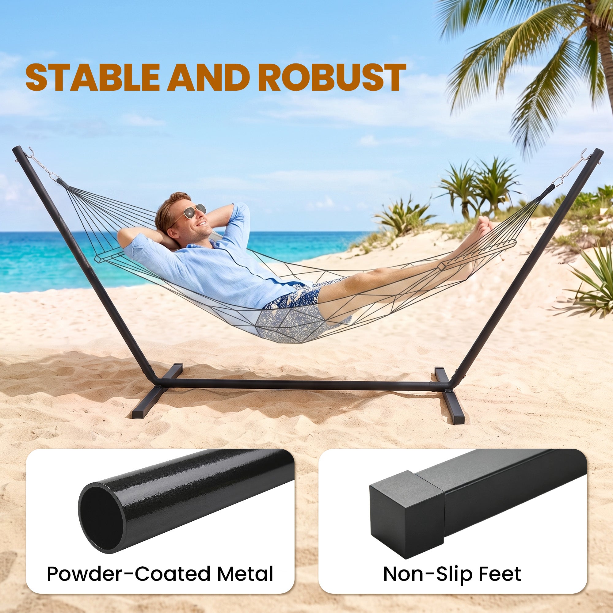11.8'L Hammock Stand Extra Long Heavy Duty Straight Pole Day Bed Swing Metal Frame Simple Set Up Garden Outdoor Camping Picnic Use Black