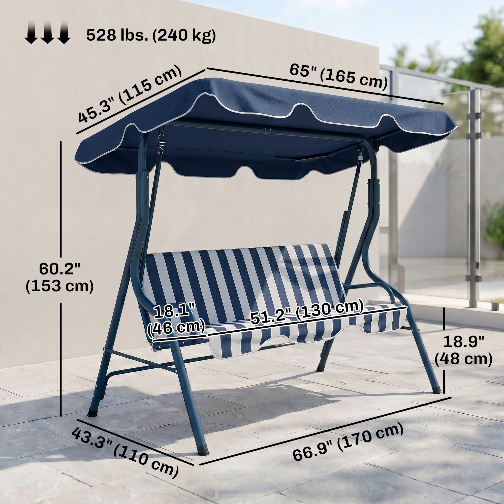 Outdoor Porch Swing with Adjustable Canopy, 3-Seater Patio Swing Chair with Cushion, Blue