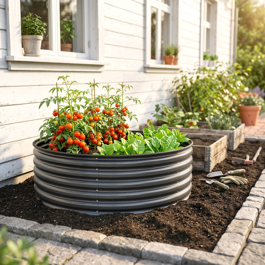 Galvanized Raised Flower Bed, 4 x 4 x 1.5 ft Outdoor Metal Raised Bed with Safety Edging and Gloves, Dark Grey