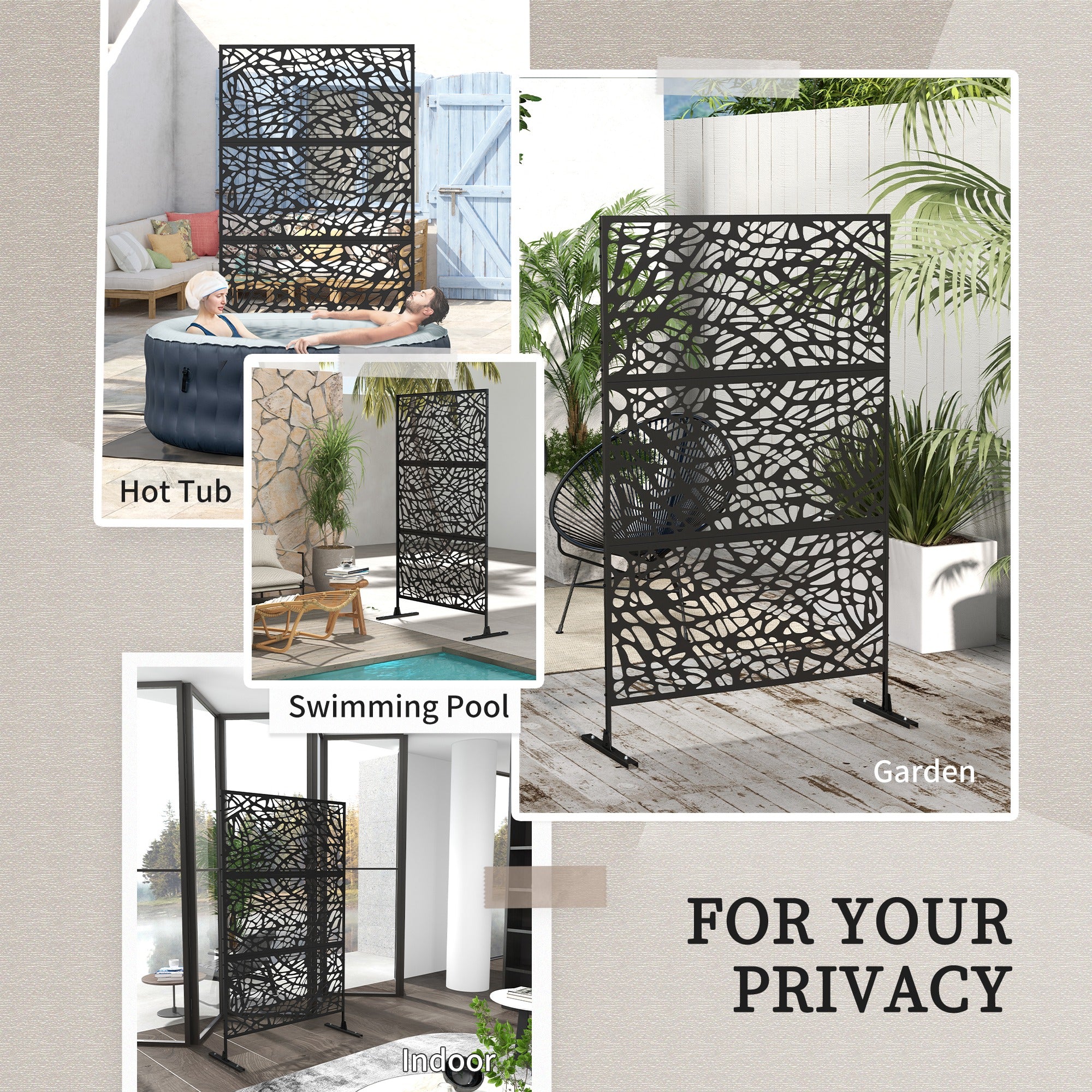 6.5FT Decorative Outdoor Divider, Metal Privacy Screen with Stand, Twisted Line Style, Black