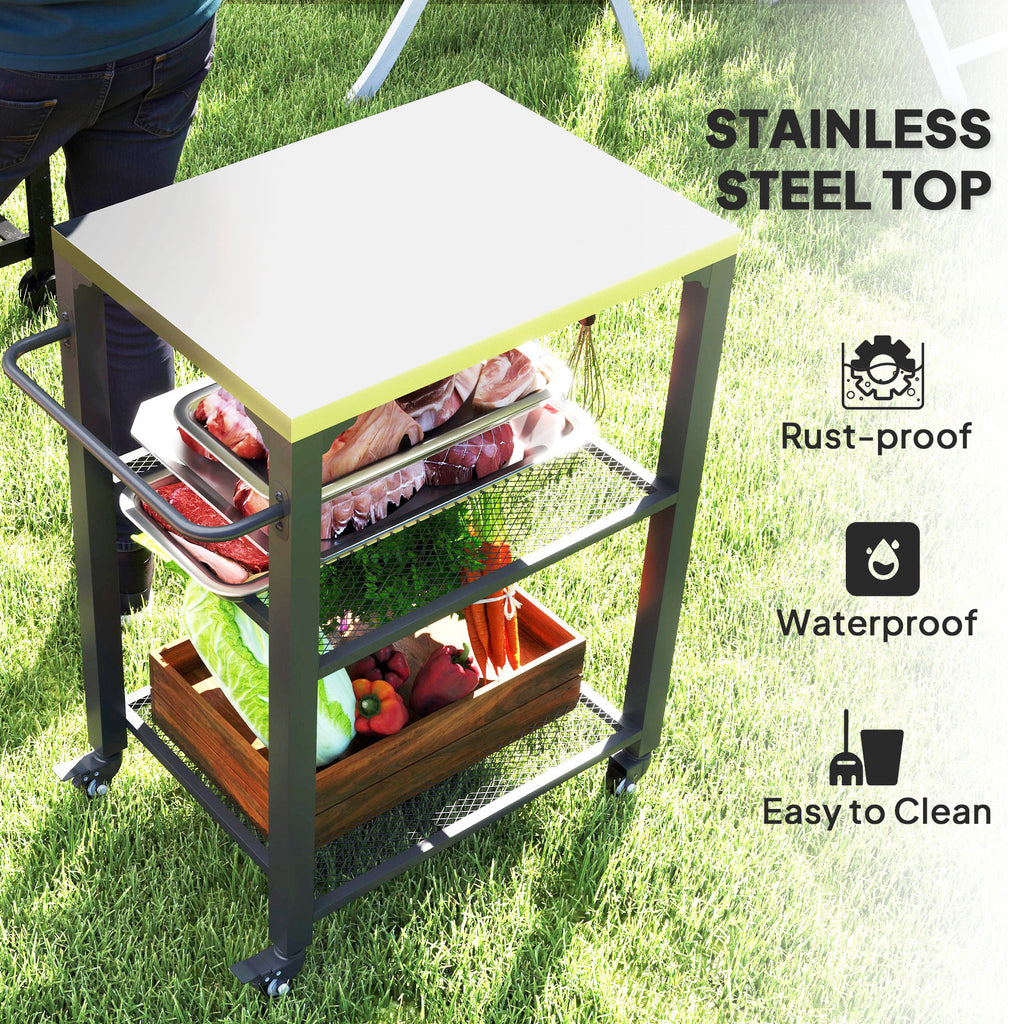 3-Shelf Outdoor Grill Cart Table with Stainless Steel Top, Hooks, Pizza Oven Stand on Wheels