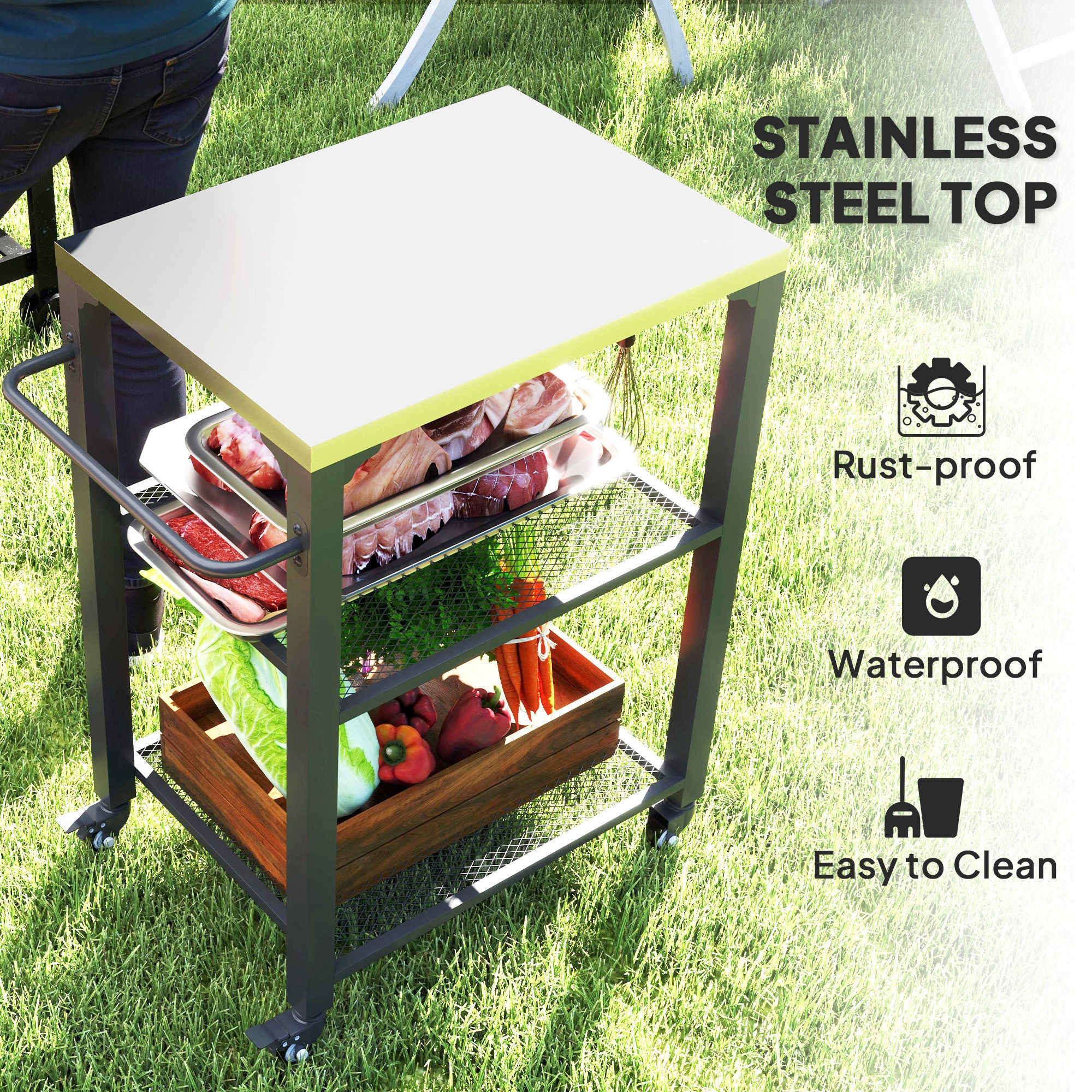3-Shelf Outdoor Grill Cart Table with Stainless Steel Top, Hooks, Pizza Oven Stand on Wheels