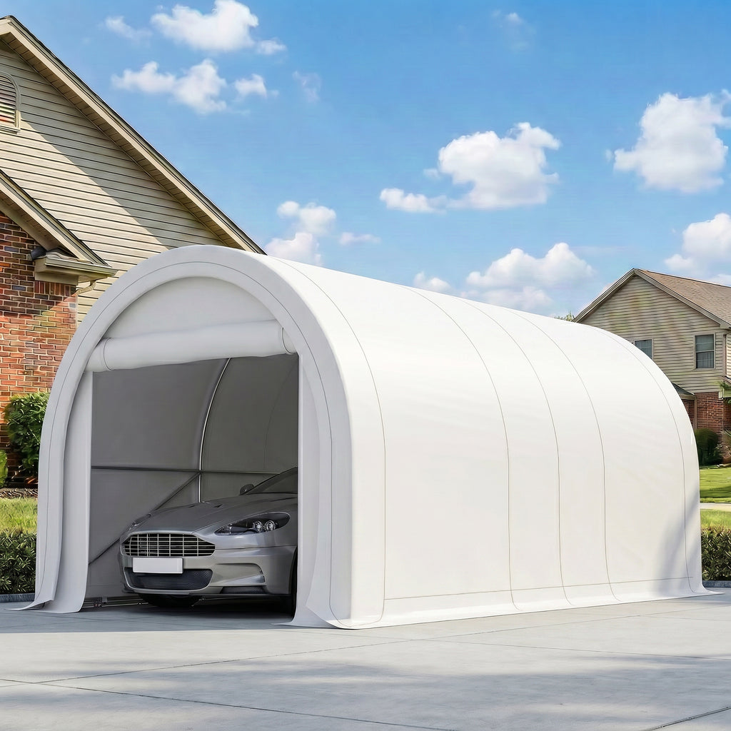 10' x 16' Heavy Duty Portable Carport Tent with Zippered Door, PE Cover for Car, Boat, Motorcycle, Bike, White