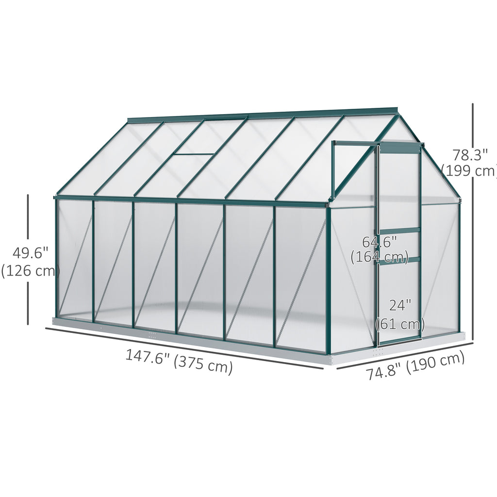 6' x 12' x 6.5' Polycarbonate Greenhouse, Walk-in Green House with Adjustable Roof Vent Galvanized Base Sliding Door Rain Gutter for Outdoor Garden Backyard, Green