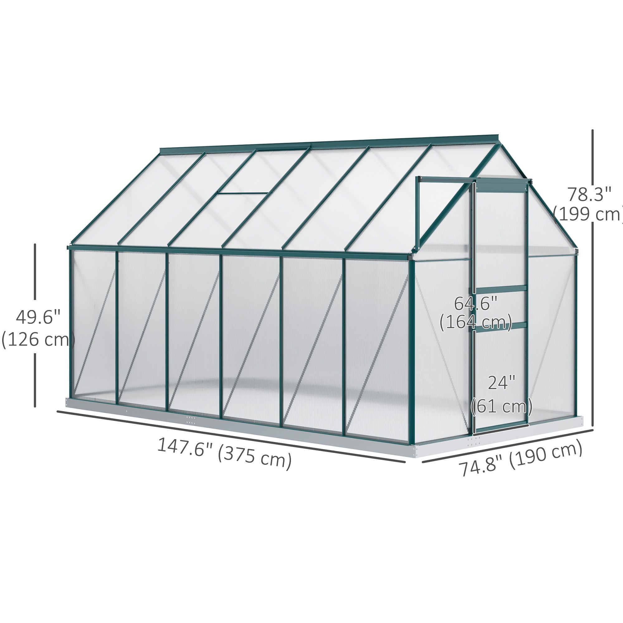 6' x 12' x 6.5' Polycarbonate Greenhouse, Walk-in Green House with Adjustable Roof Vent Galvanized Base Sliding Door Rain Gutter for Outdoor Garden Backyard, Green