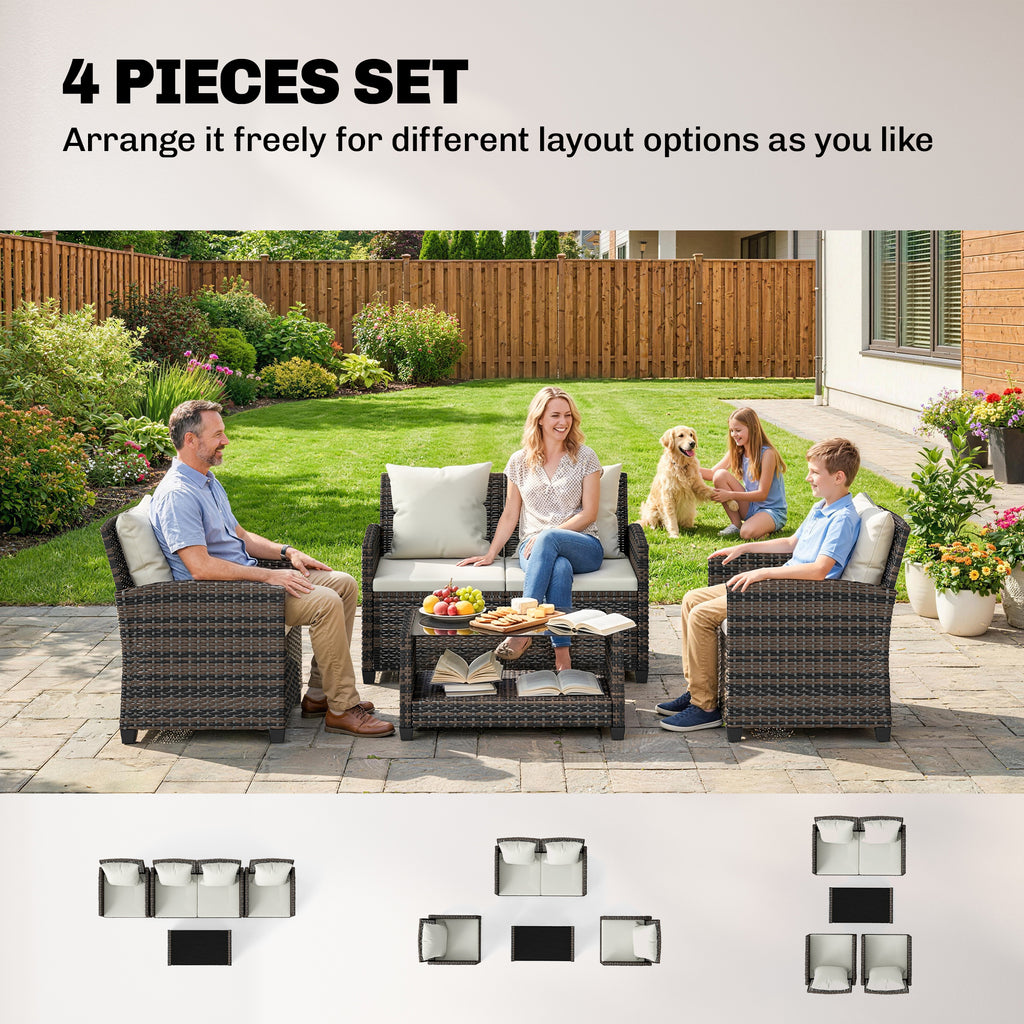 4-Piece Outdoor Wicker Patio Furniture Conversation Set, Includes Loveseat, Chairs and 2-Tier Table with Cushions, Modern Rattan Sofa Set for Backyard, Beige