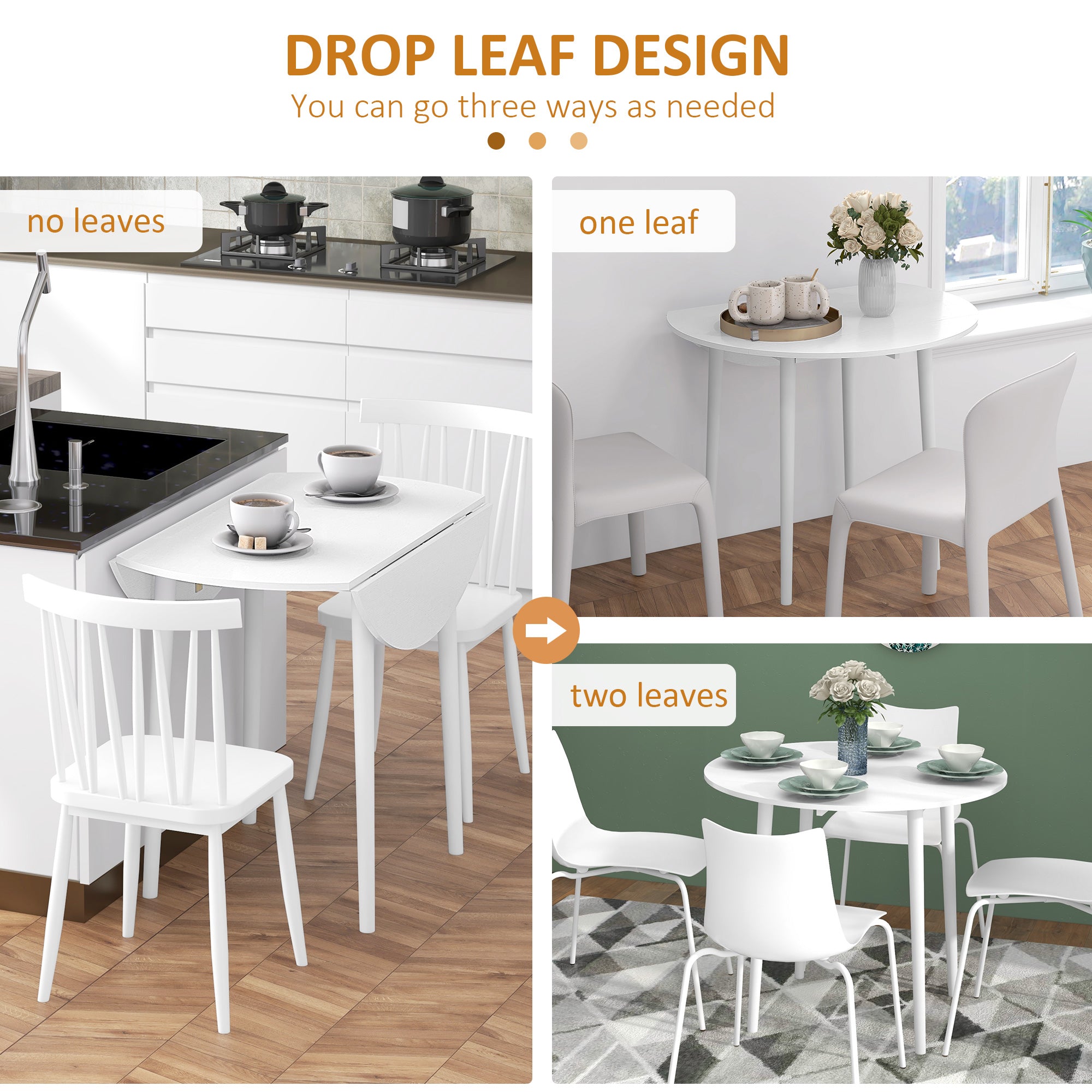 Folding Dining Table, Round Drop Leaf Kitchen Table for Small Spaces with Wood Legs, Distressed White