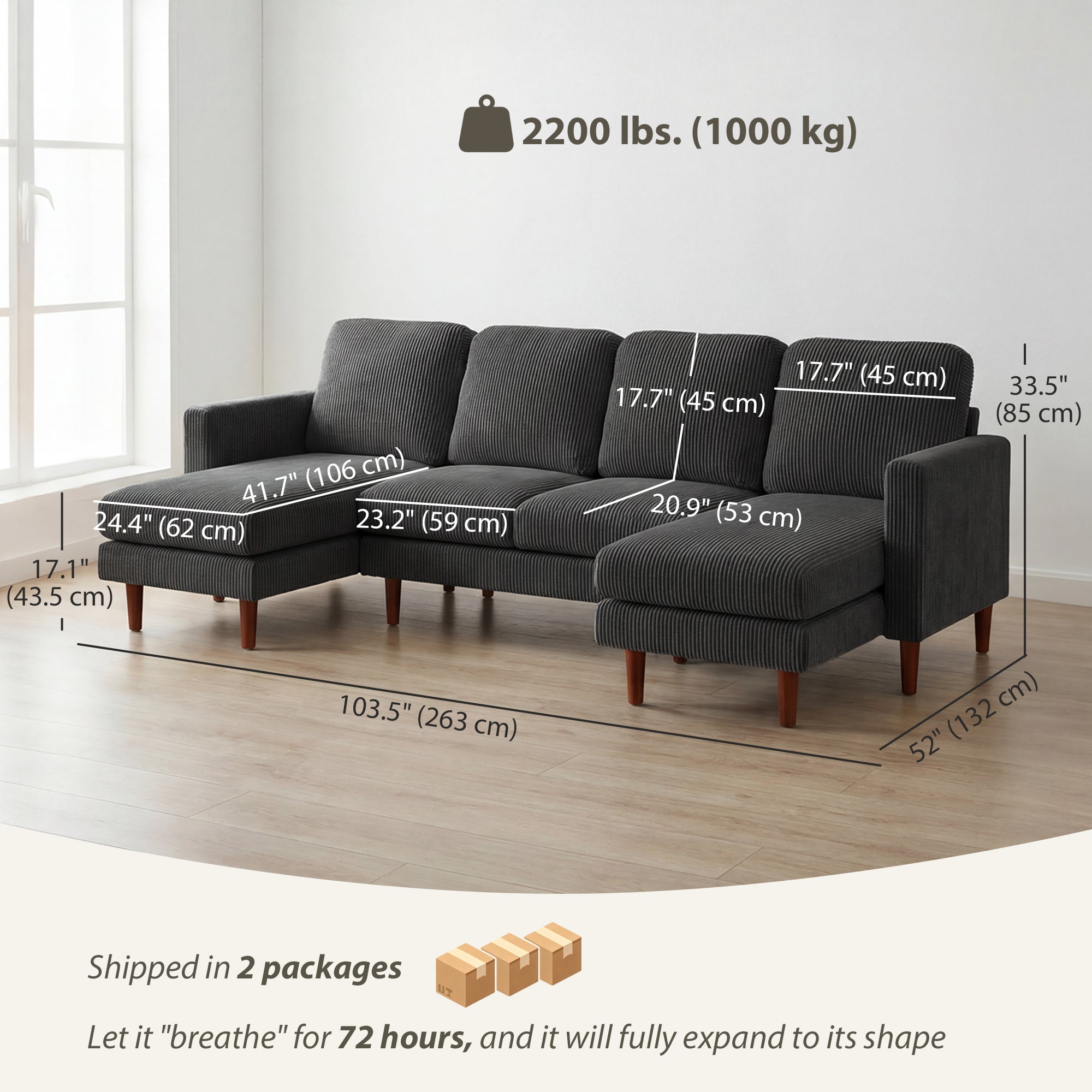 Sectional Sofa, Corduroy U Shaped Couch with Double Chaise and Spring Cushions, 2200lb Capacity, Dark Grey