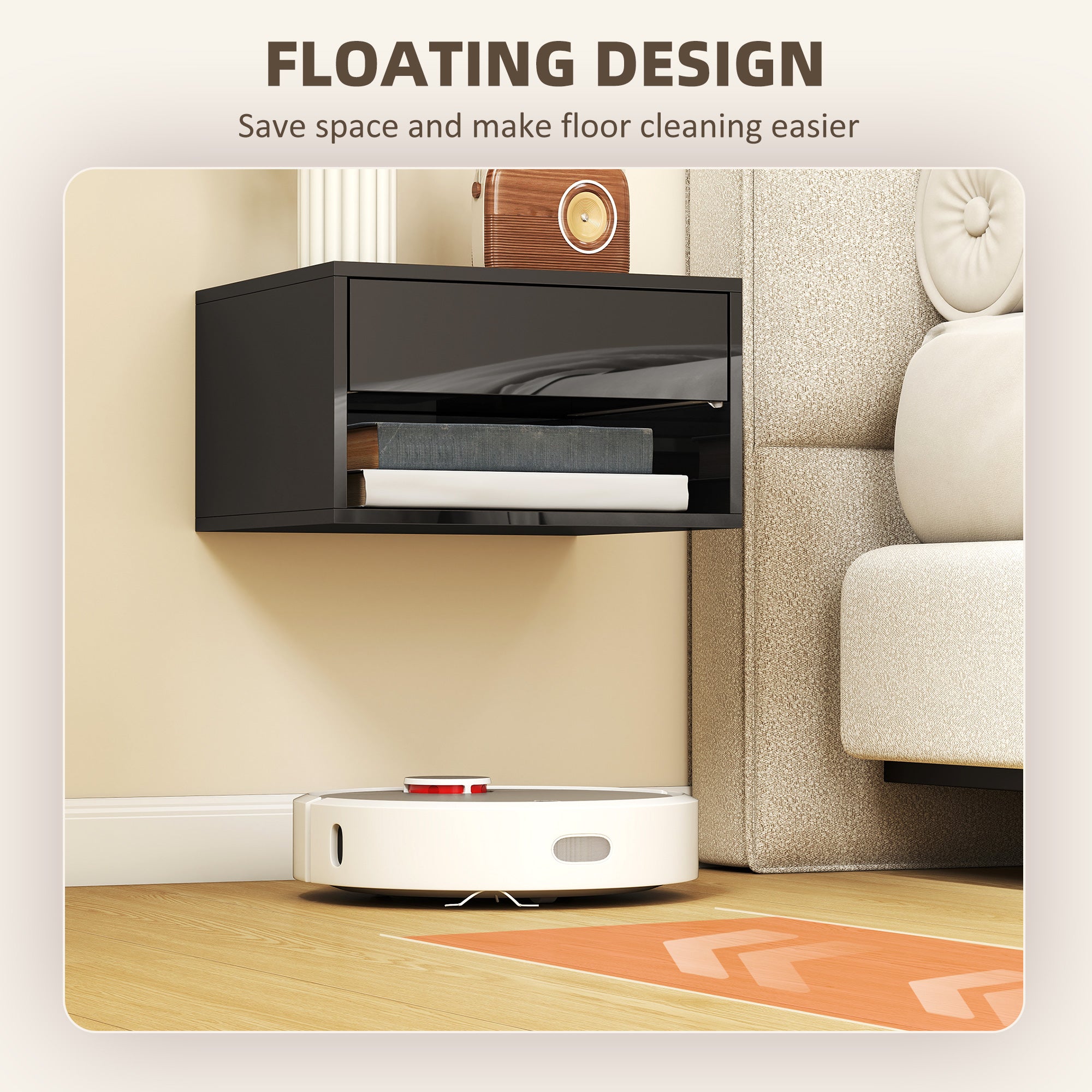 Floating Bedside Tables Set of 2, Wall-Mounted Nightstand, High Gloss Black
