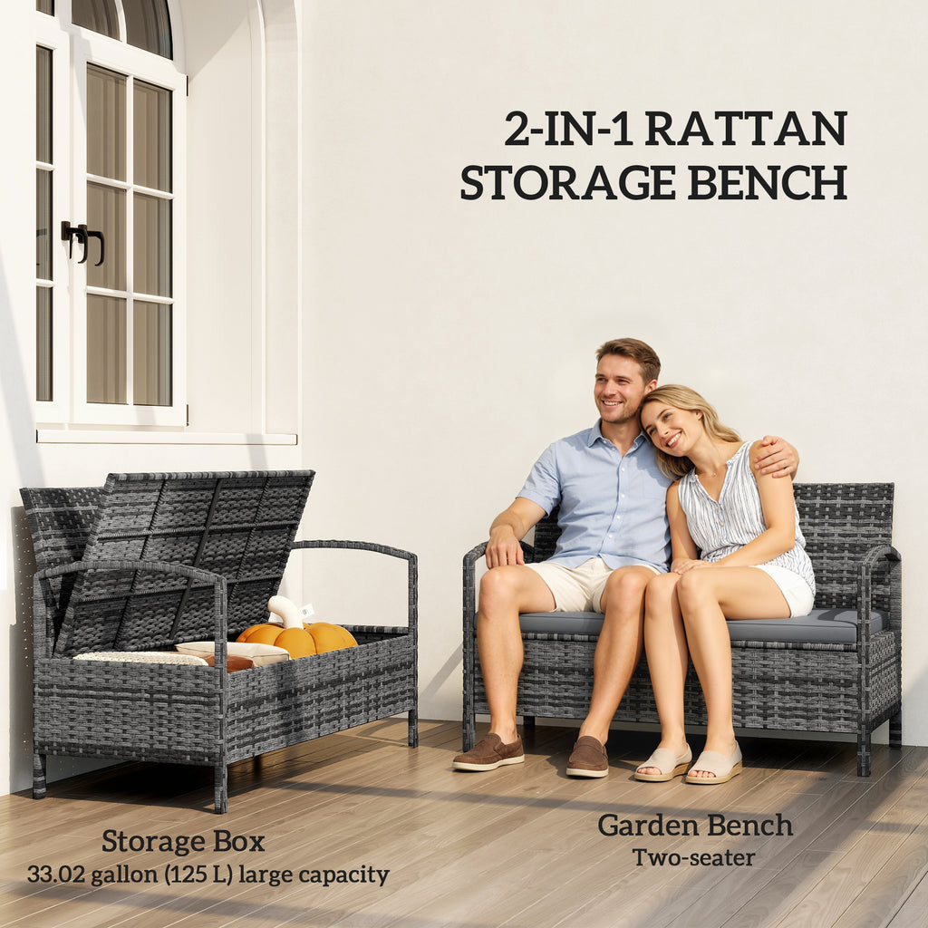 33 Gallon Outdoor Storage Bench, Wicker Deck Box Patio Bench Seat with Cushion, Grey