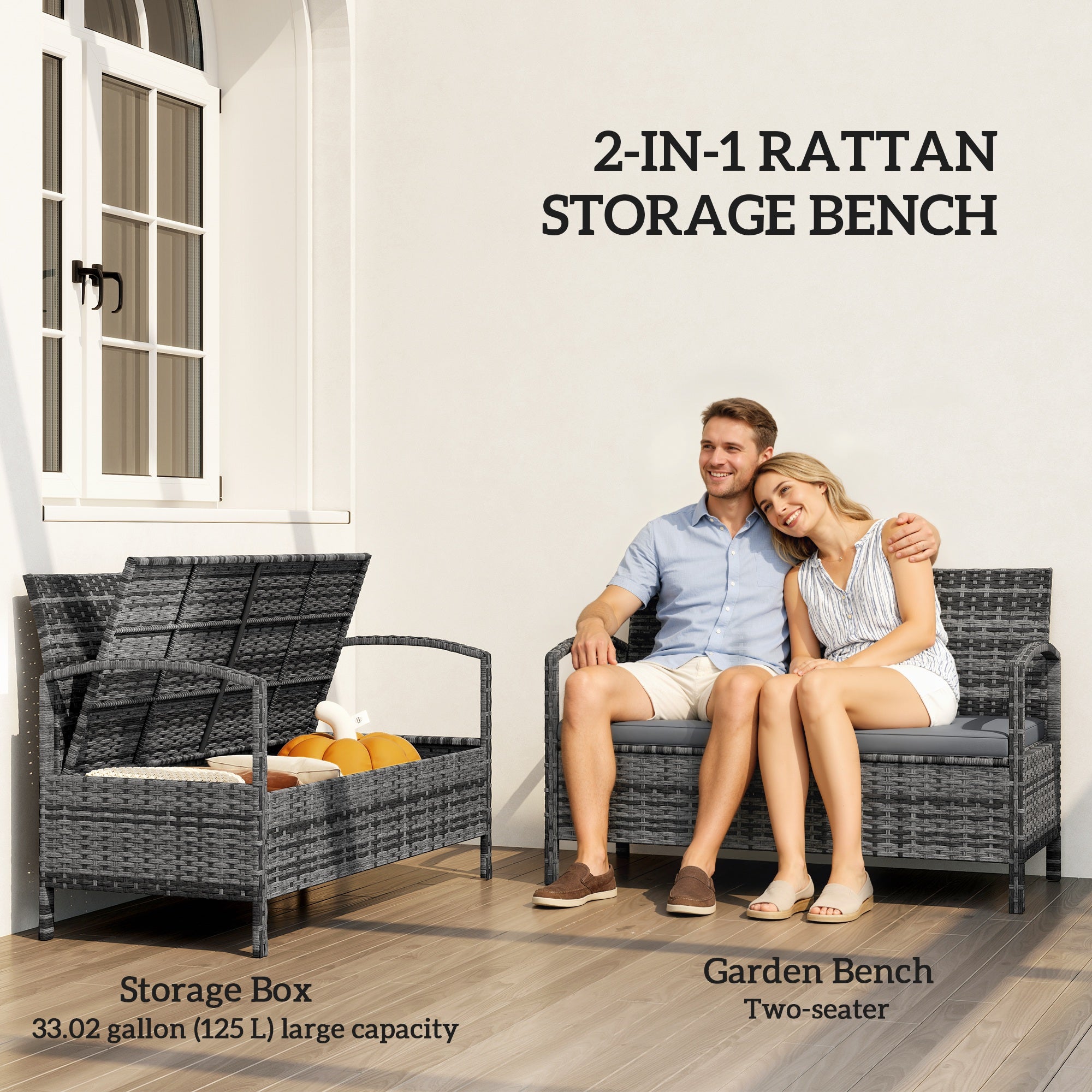 33 Gallon Outdoor Storage Bench, Wicker Deck Box Patio Bench Seat with Cushion, Grey