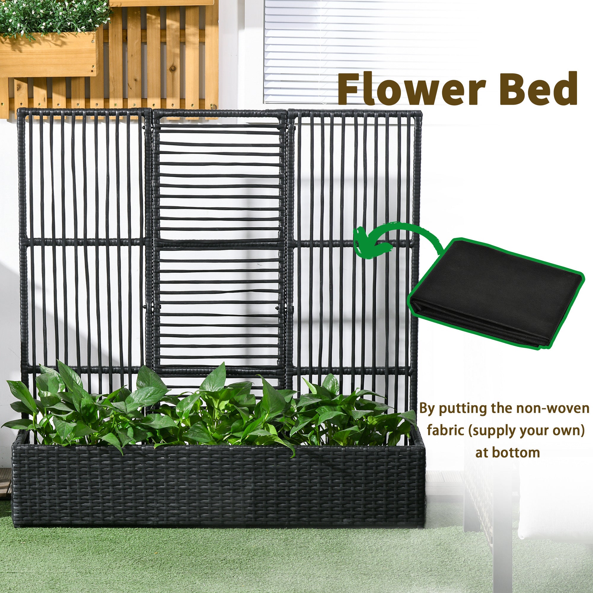 Raised Garden Bed with Lattice Trellis, Rattan Outdoor Planter with Storage for Garden, Patio, Balcony, Black