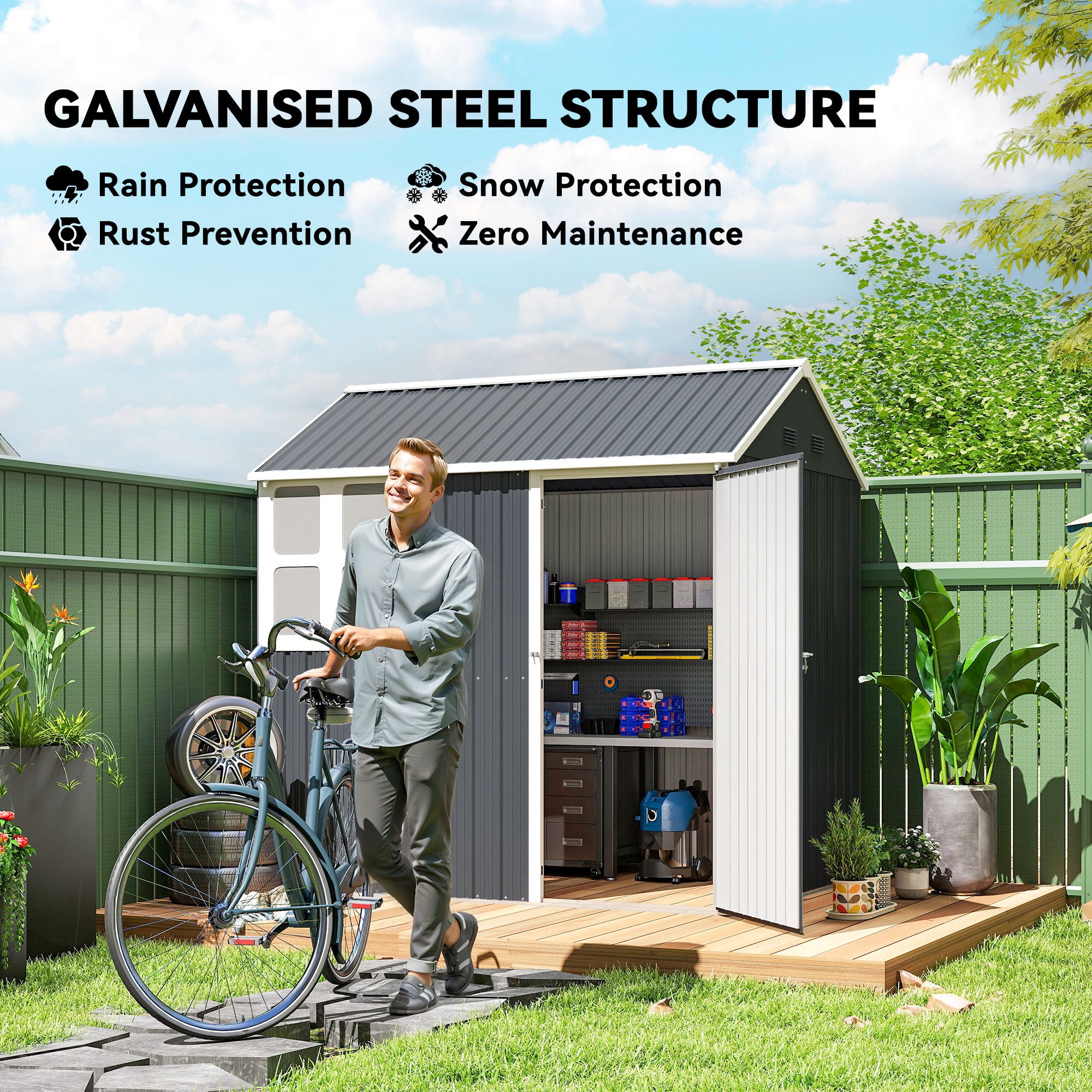 7' x 5.5' Metal Garden Storage Shed, Outdoor Tool Storage House with Lockable Door, Vents, Sloped Roof, Dark Grey