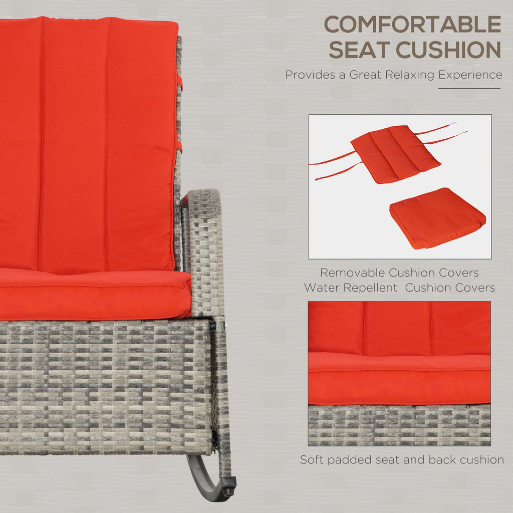 Outdoor Wicker Rocking Chair with Cushion, Patio PE Rattan Recliner Chair with Adjustable Footrest, Armrests, Red