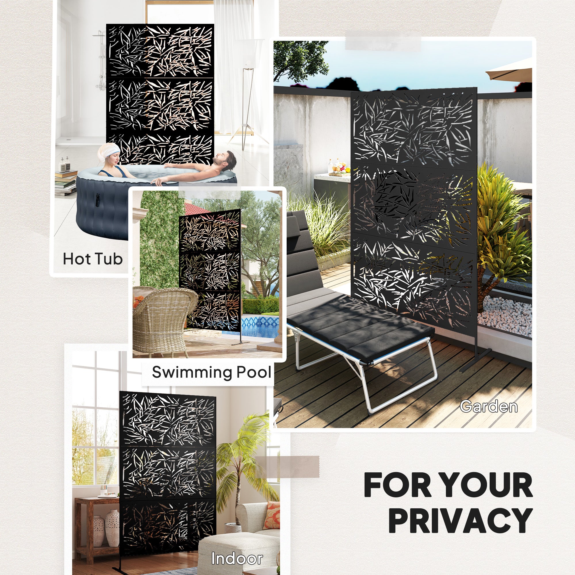 Metal Outdoor Privacy Screen, Freestanding Outdoor Divider with Stand, Decorative Privacy Panel, 78" x 48", Black