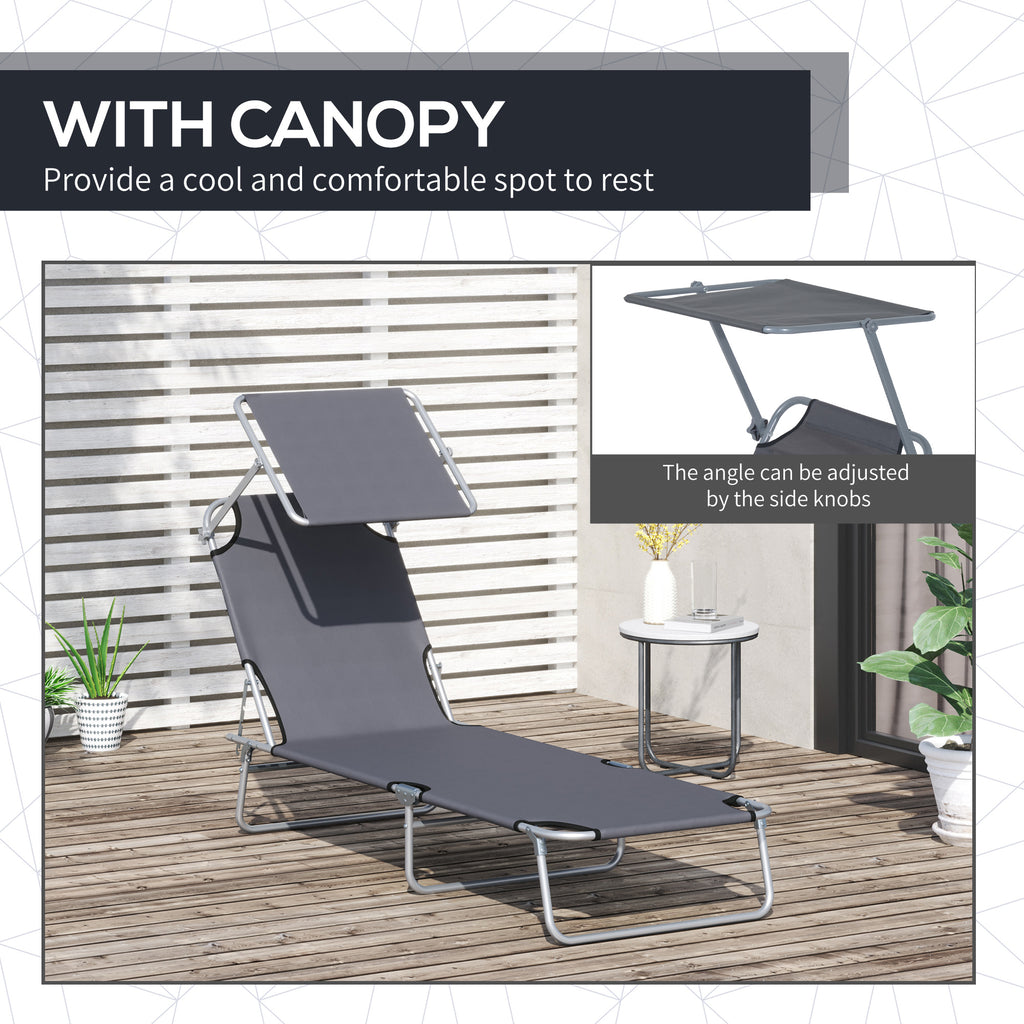 Outdoor Lounge Chair, Adjustable Folding Chaise Lounge,  Tanning Chair with Sun Shade for Beach, Camping, Hiking, Backyard, Grey
