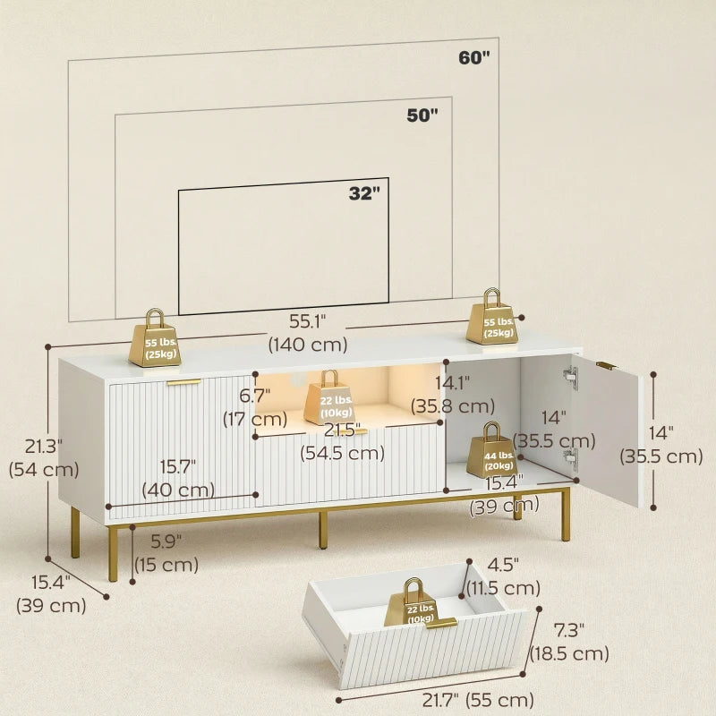 Modern white entertainment center with smart LED lights and storage