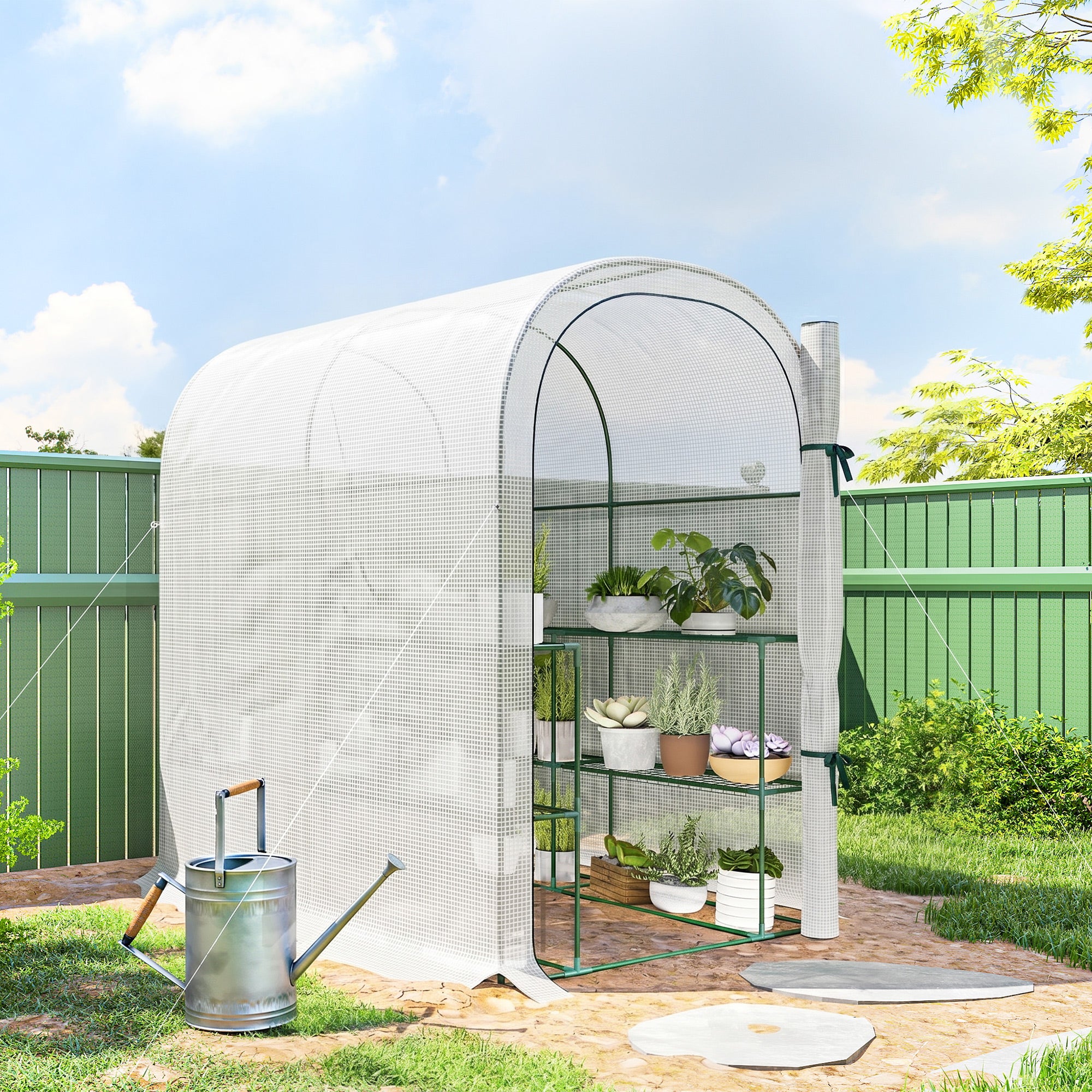 Walk-in Mini Greenhouse with Shelves, Portable Outdoor Greenhouse with Roll-up Door, 123 x 187 x 189 cm, White