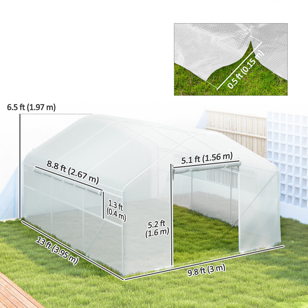 Walk-in Tunnel Greenhouse with Galvanized Steel Frame and Windows, Garden Planting Warm House, 13' x 10' x 6.5' , White