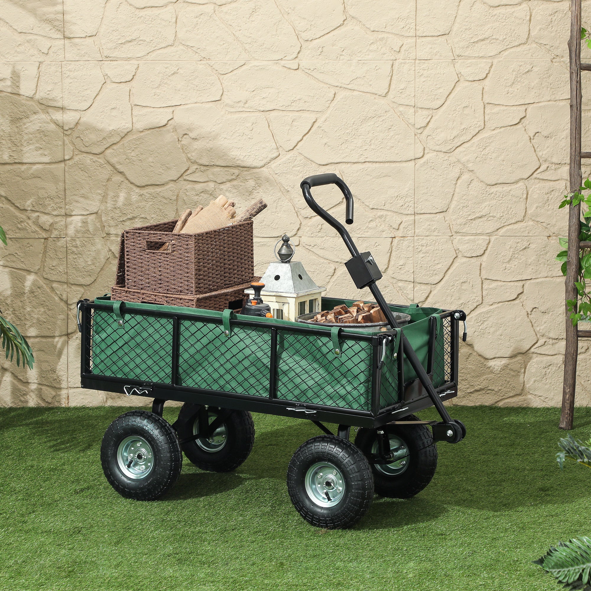 Steel Garden Cart, Utility Wagon Cart with Removable Liner, Quick-Release Sides, 10" Wheels, 660lbs Capacity, Green