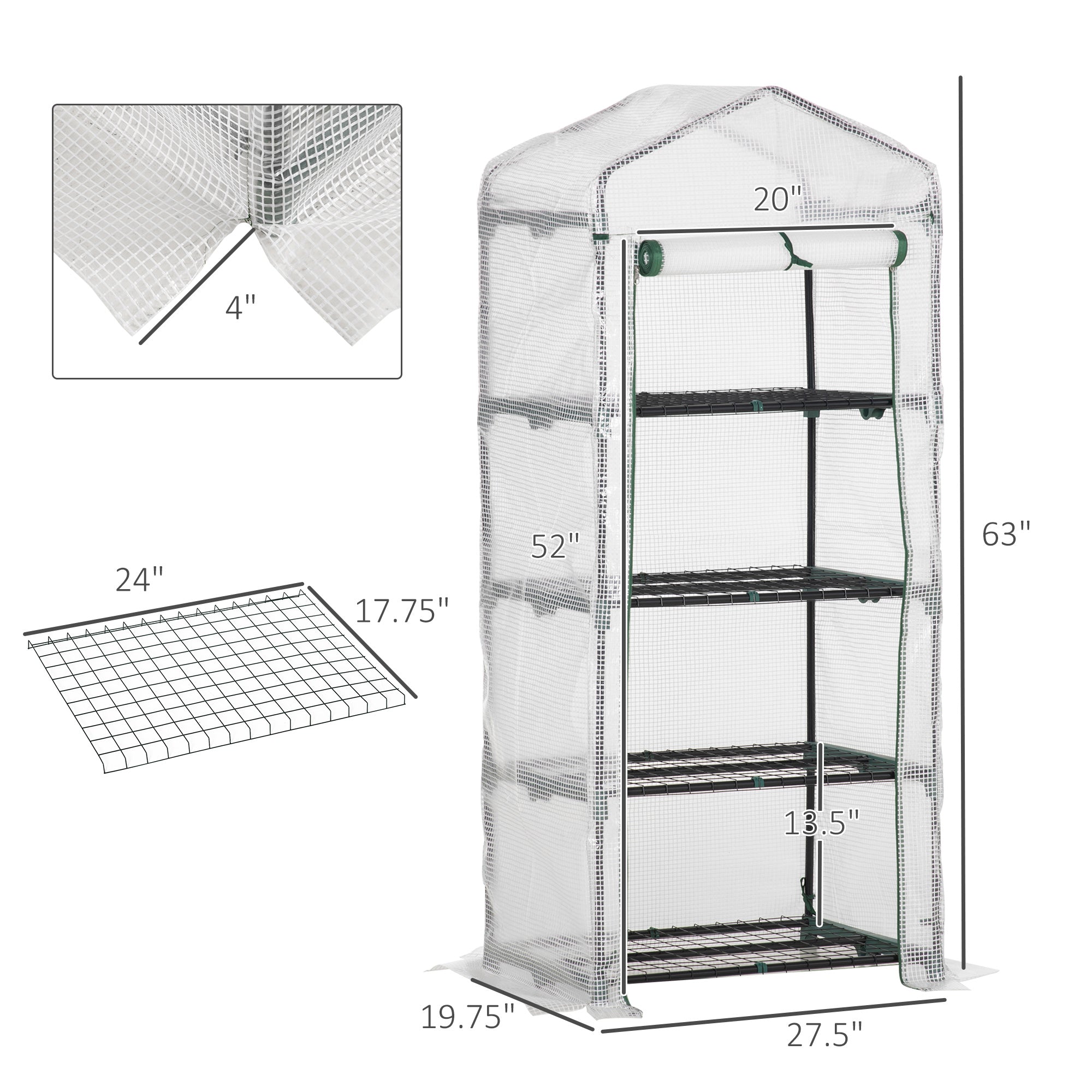 Portable Greenhouse Outdoor Hot House with 4 Tier Shelves, Steel Frame, PE Cover, 28" x 20" x 63" , White
