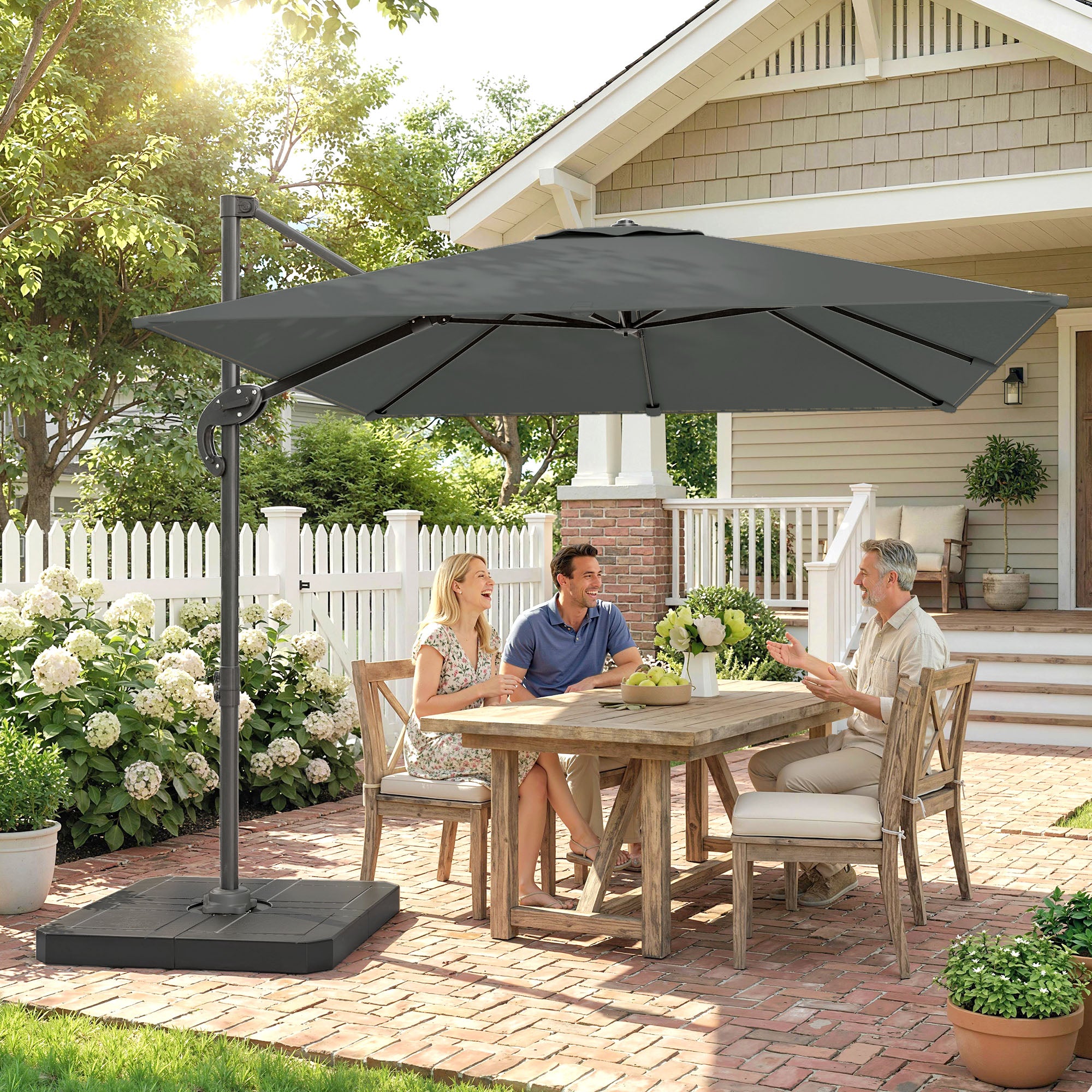 8' x 8' Offset Cantilever Patio Umbrella with Base Weights, UPF50+ Cantilever Parasol with 360Â° Rotation, Dark Grey