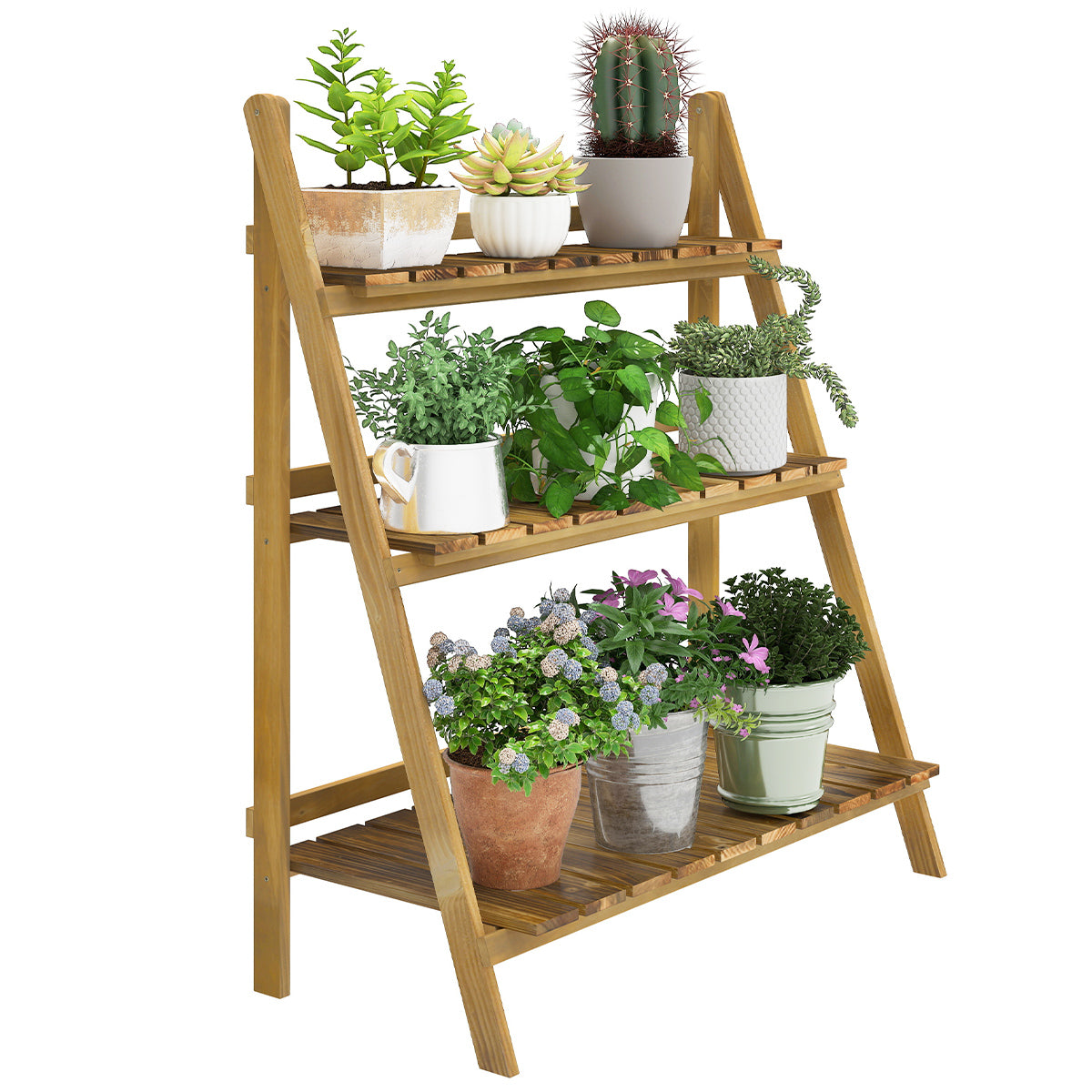 Outdoor Plant Stand, Foldable 3-Tier Wooden Plant Shelf