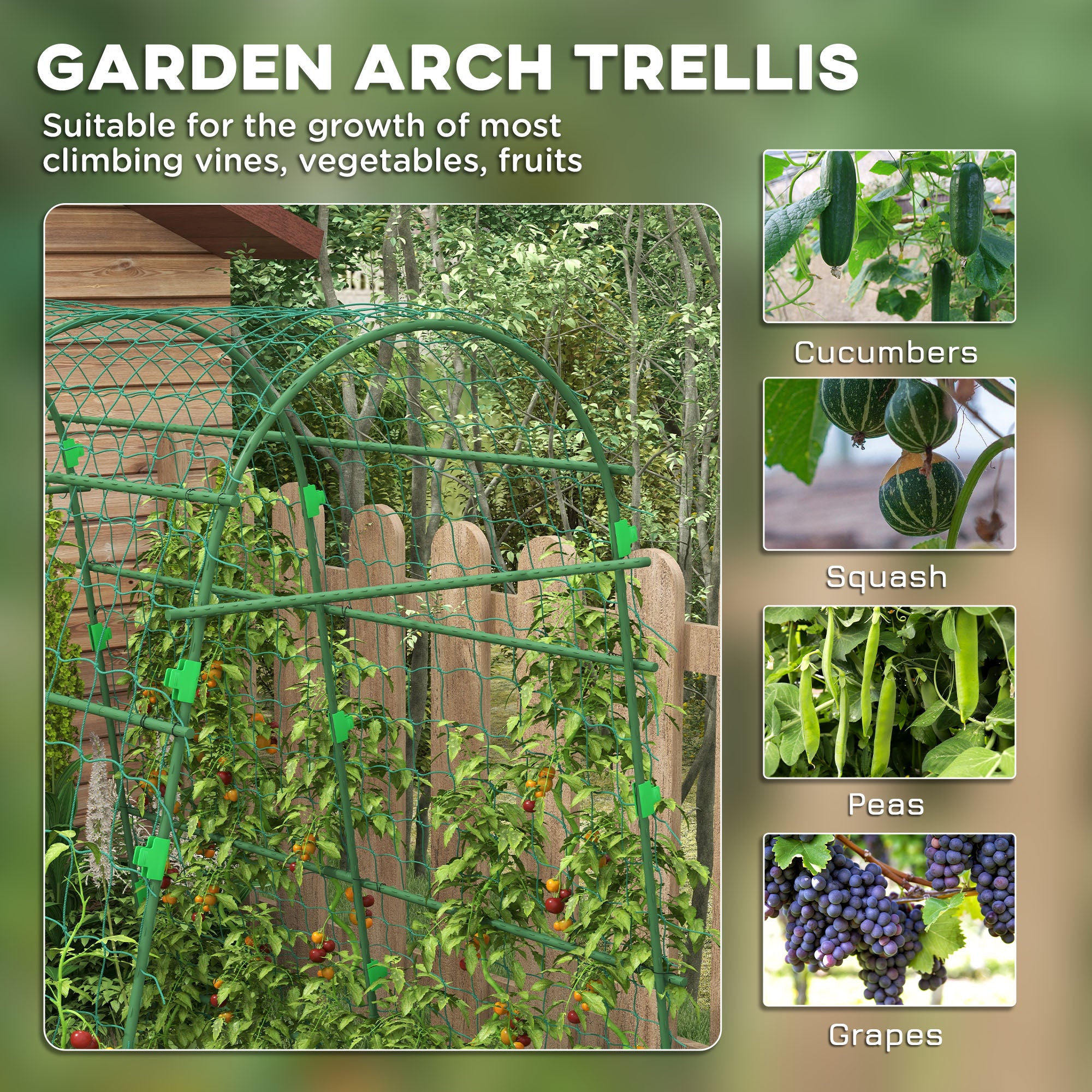 Arched Garden Trellis w/ Climbing Net Metal Cucumber Plant Trellis A-Frame for Climbing Plants 57" x 66" x 81"