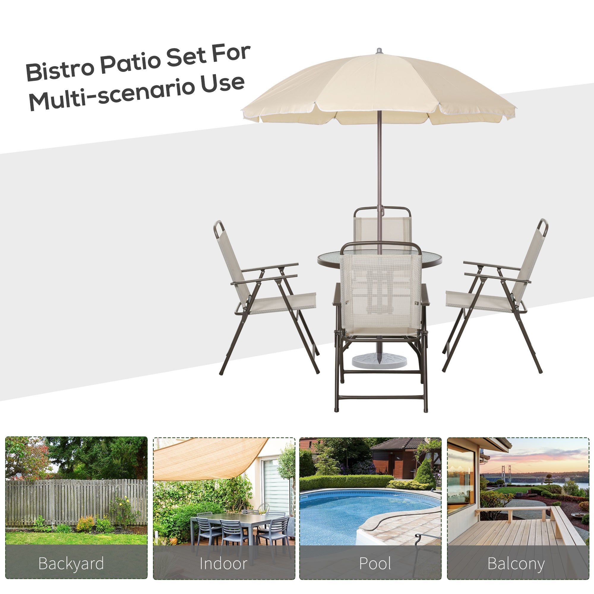 6 Pieces Outdoor Dining Set for 4 with Umbrella Patio Outdoor Furniture Set with Round Table 4 Folding Chairs Cream