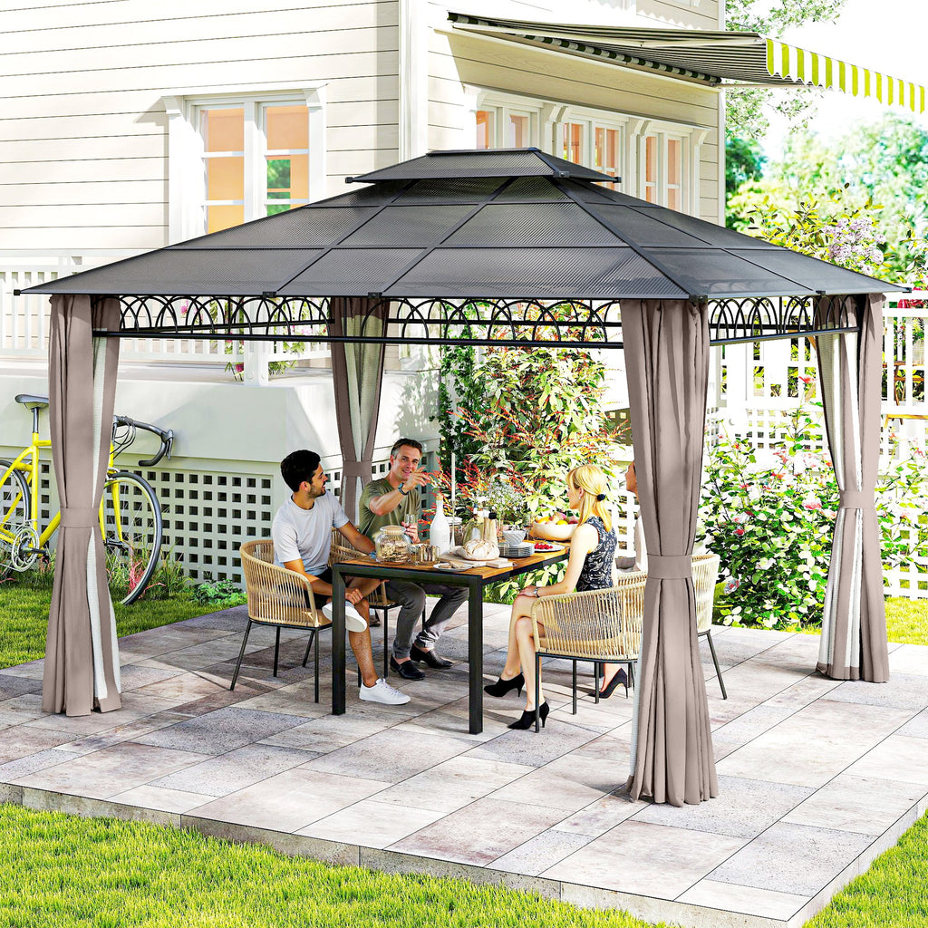 10' x 12' Outdoor Gazebo Canopy, DoubleÂ Roof Hardtop Gazebo withÂ Polycarbonate Roof, Steel Frame, NettingsÂ andÂ Curtains, forÂ Garden,Â Lawn,Â BackyardÂ andÂ Deck, Khaki