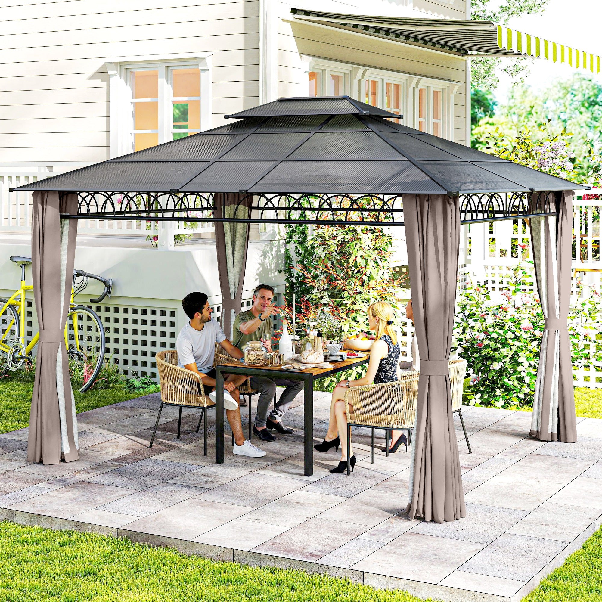 10' x 12' Outdoor Gazebo Canopy, DoubleÂ Roof Hardtop Gazebo withÂ Polycarbonate Roof, Steel Frame, NettingsÂ andÂ Curtains, forÂ Garden,Â Lawn,Â BackyardÂ andÂ Deck, Khaki
