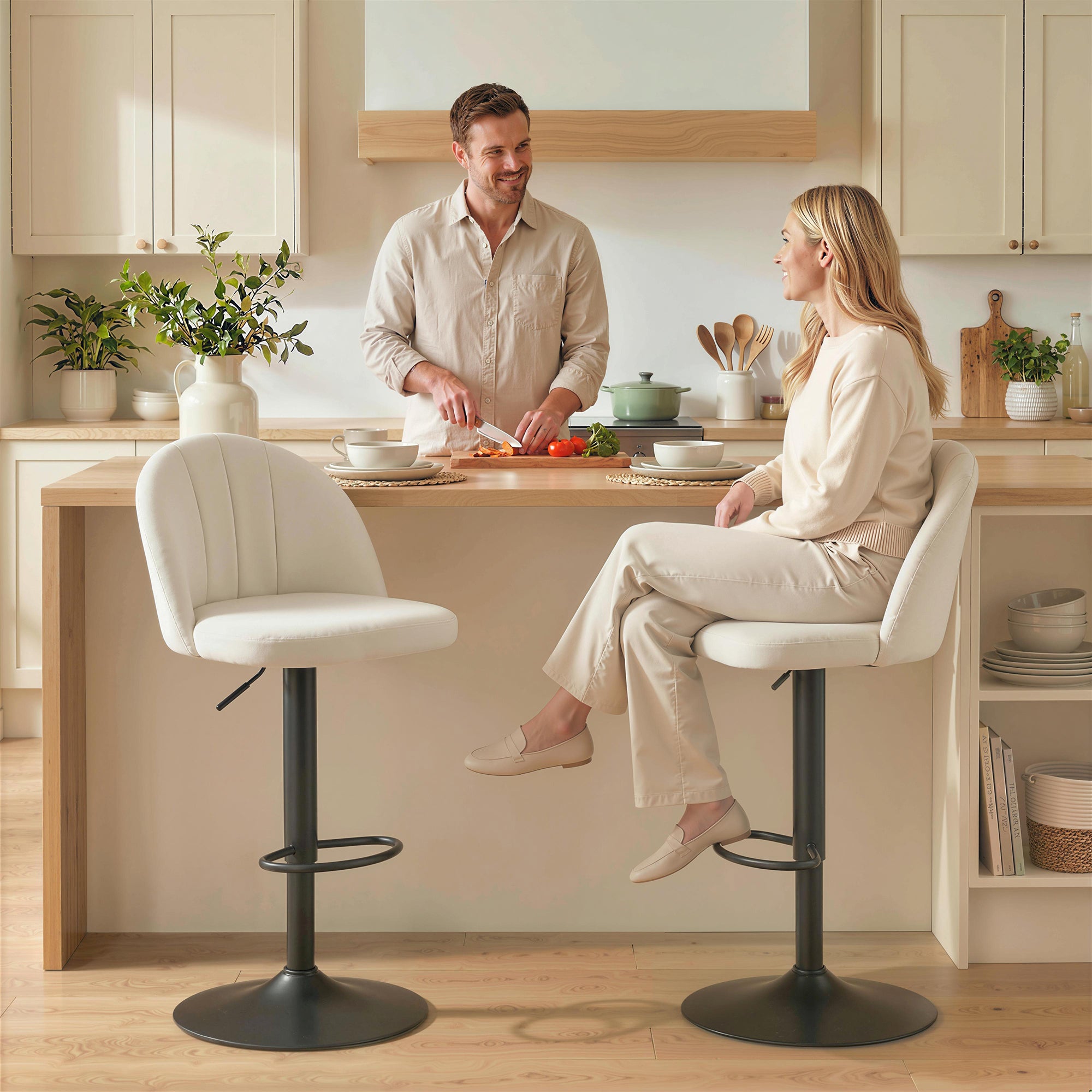 Bar Stools Set of 2, Swivel Counter Height Barstools with Footrest, Cream White