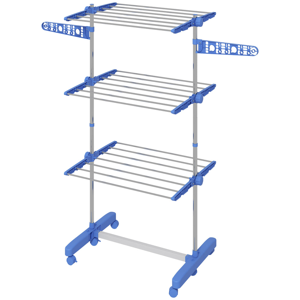 3-Tier Foldable Clothes Drying Rack, Stainless Steel Laundry Rack with 2 Side Wings and 6 Castors, Collapsible Adjustable Clothes Airer for Indoor Outdoor, Blue