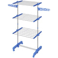3-Tier Foldable Clothes Drying Rack, Stainless Steel Laundry Rack with 2 Side Wings and 6 Castors, Collapsible Adjustable Clothes Airer for Indoor Outdoor, Blue