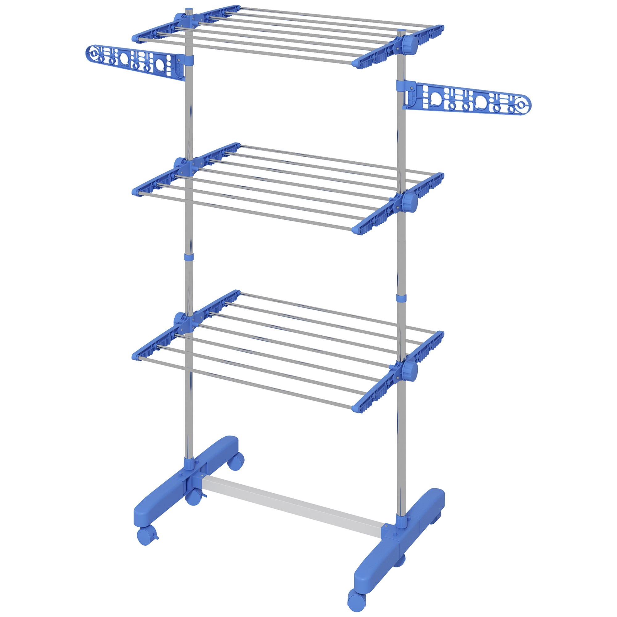 3-Tier Foldable Clothes Drying Rack, Stainless Steel Laundry Rack with 2 Side Wings and 6 Castors, Collapsible Adjustable Clothes Airer for Indoor Outdoor, Blue