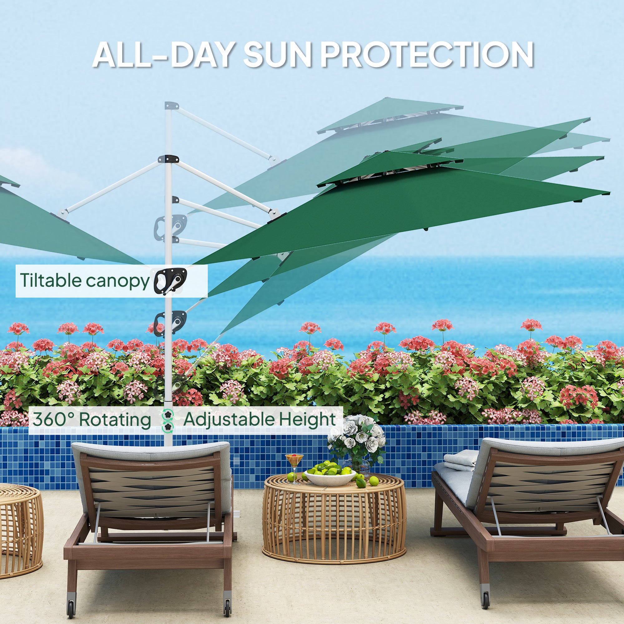 10 FT Cantilever Patio Umbrella with 360Â° Rotation & Adjustable Height, Cross Base, Crank and Tilt, Dark Green