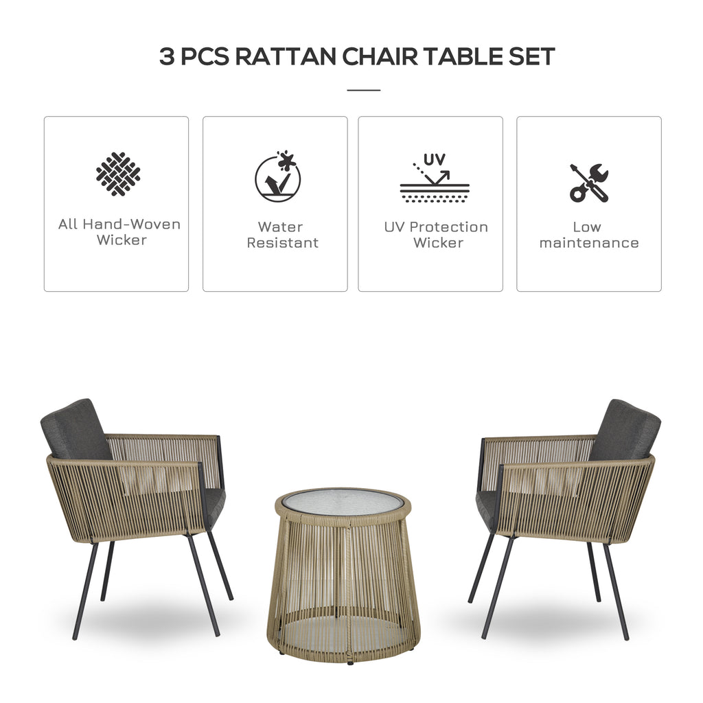 3 Pieces Wicker Patio Furniture Set, Rattan Bistro Set with Coffee Table and Cushions, Outdoor Conversation Set for Garden, Porch, Balcony, Grey