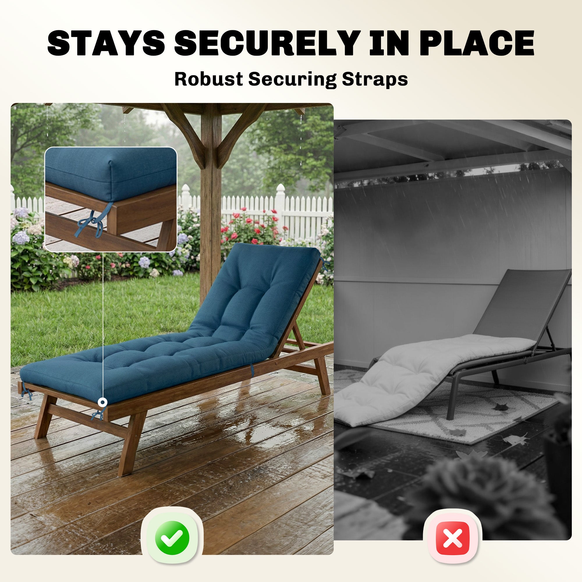Patio Lounge Chair Cushion, UV50+ Chaise Lounge Chair Cushion with Securing Straps for Patio, 78 x 25.6 inch, Blue