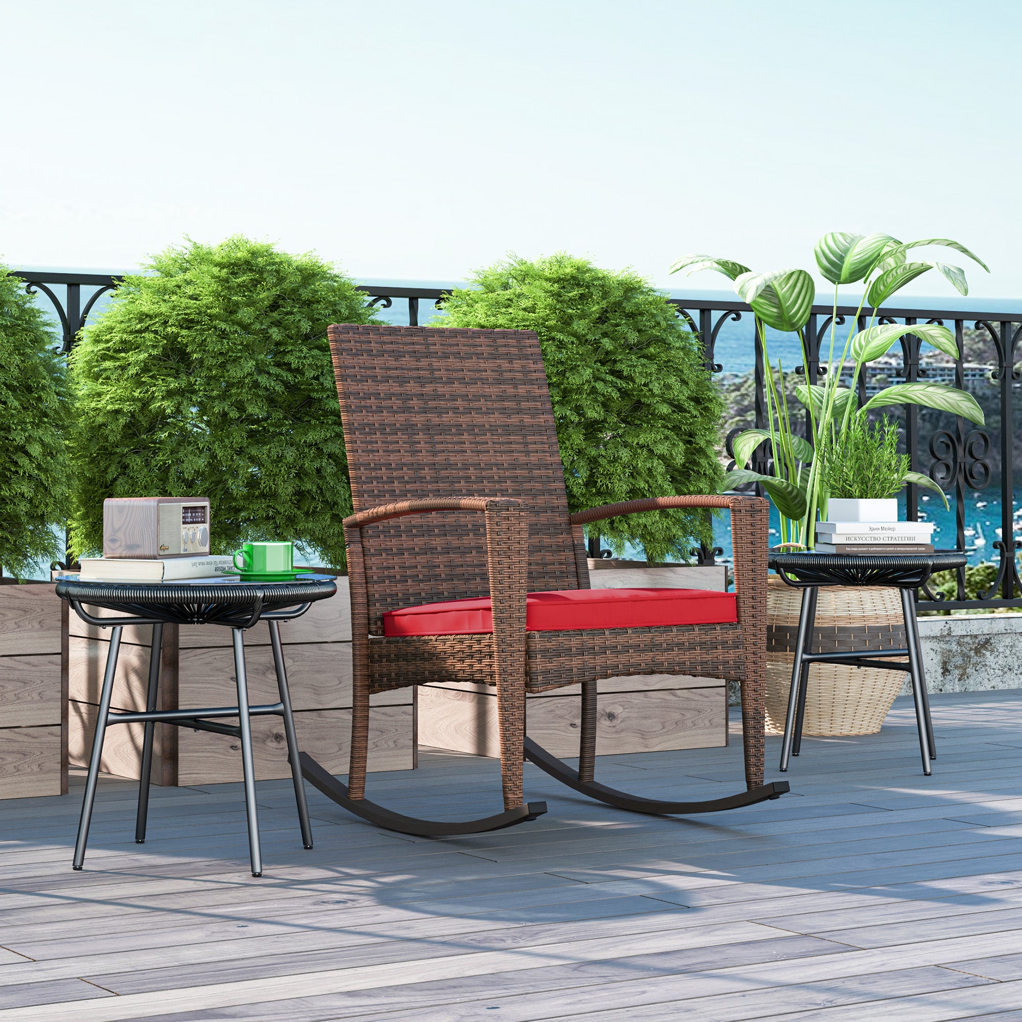 Outdoor PE Rattan Rocking Chair, Garden Glider Rocking Chair, Wicker Patio Chair Set with Armrest and Cushion, Wine Red