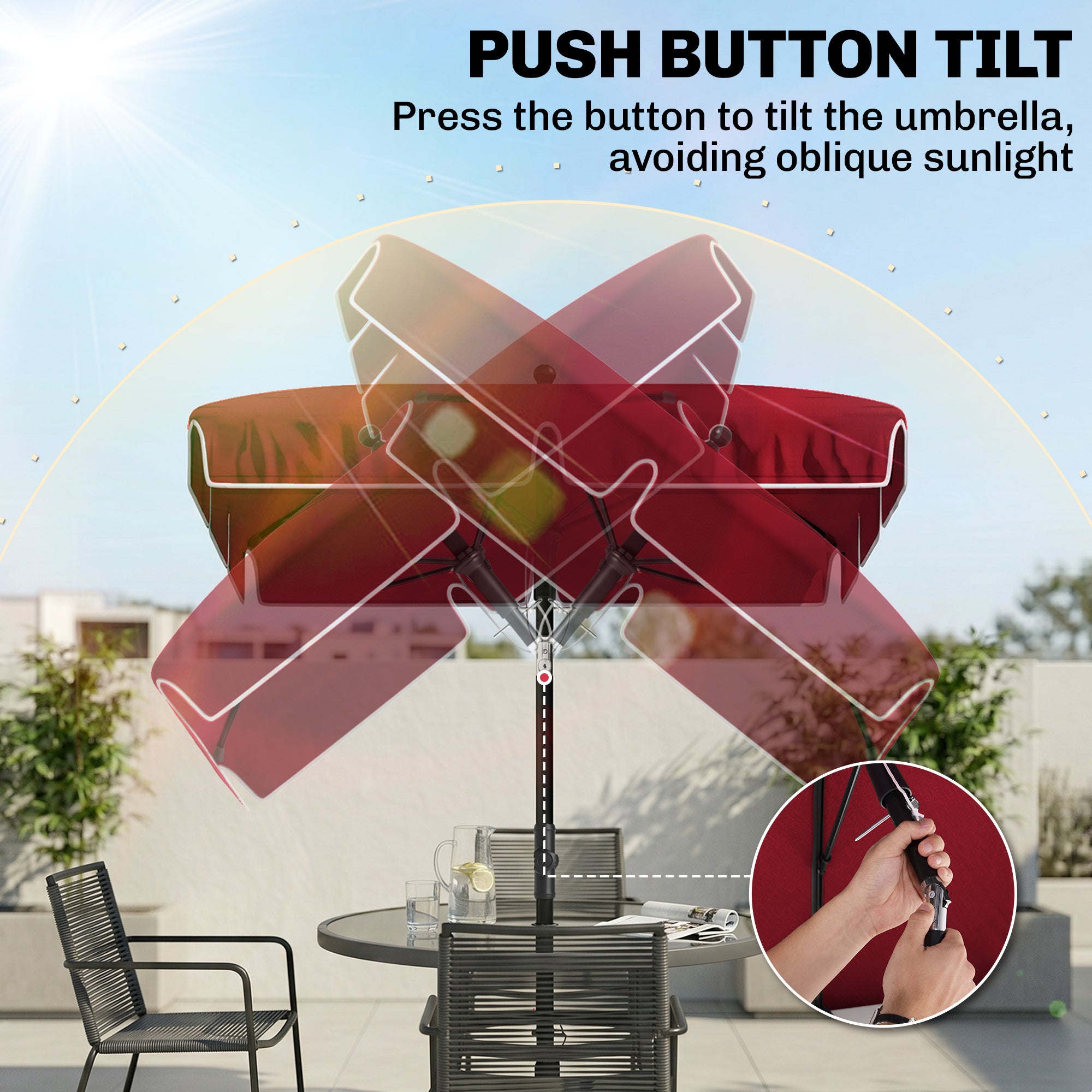6.5x4ft Rectangle Patio Umbrella Aluminum Tilt Adjustable Garden Parasol Sun Shade Outdoor Canopy Red