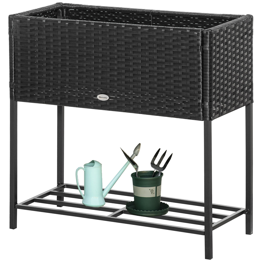 Rattan Raised Garden Boxes, Elevated Flower Beds with Storage Shelf for Herbs, Flowers, Vegetables, Black